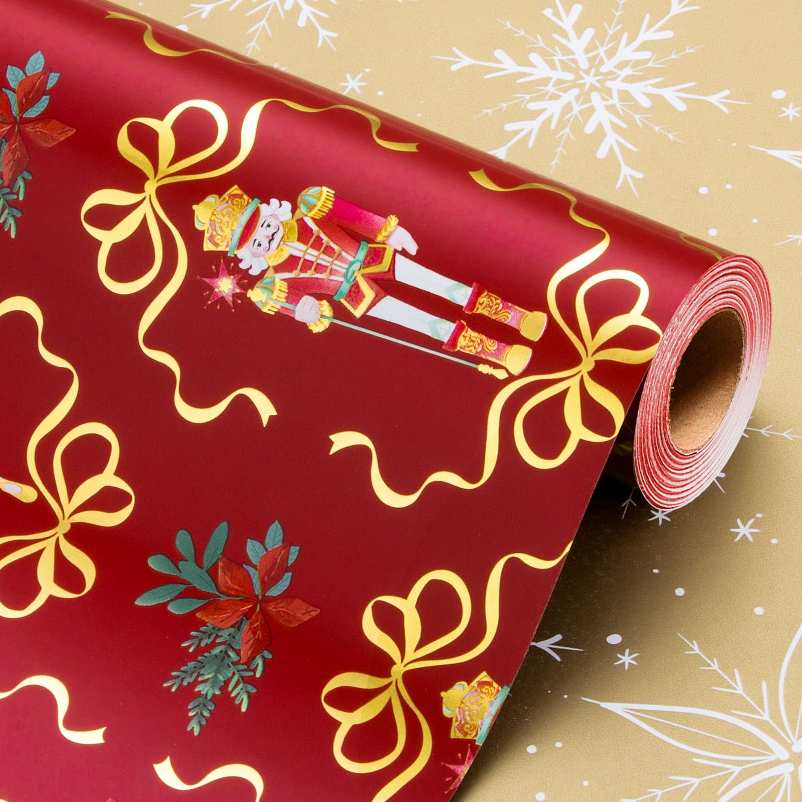 Wikadlik Reversible Christmas Wrapping Paper - Nutcracker Dahlia Bow Design Foil Gold and Red Gift Wrap Paper - 43cm x 10m