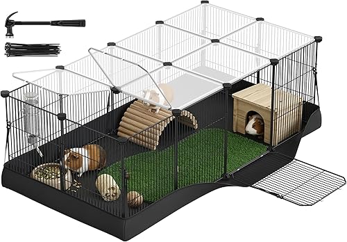 SONGMICS Guinea Pig Cage, Rabbit Cage, Small Animal Playpen with Waterproof Mat, Top and Side Door, 20 Panels, 48.4 x 24.8 x 16.3 Inches, Ink Black ULPI011BH01