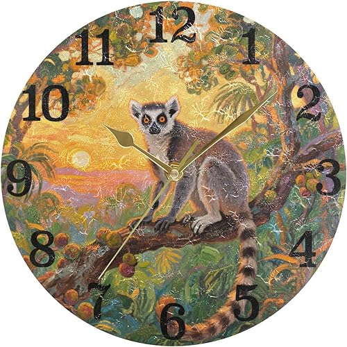 Miniatura 5 de KLL Brown Rings-Tailed Lemur Jungle 10 Inch Round Wall Clock Retro Non Ticking Deco for Home Hotel Office reloj para cocina de pared