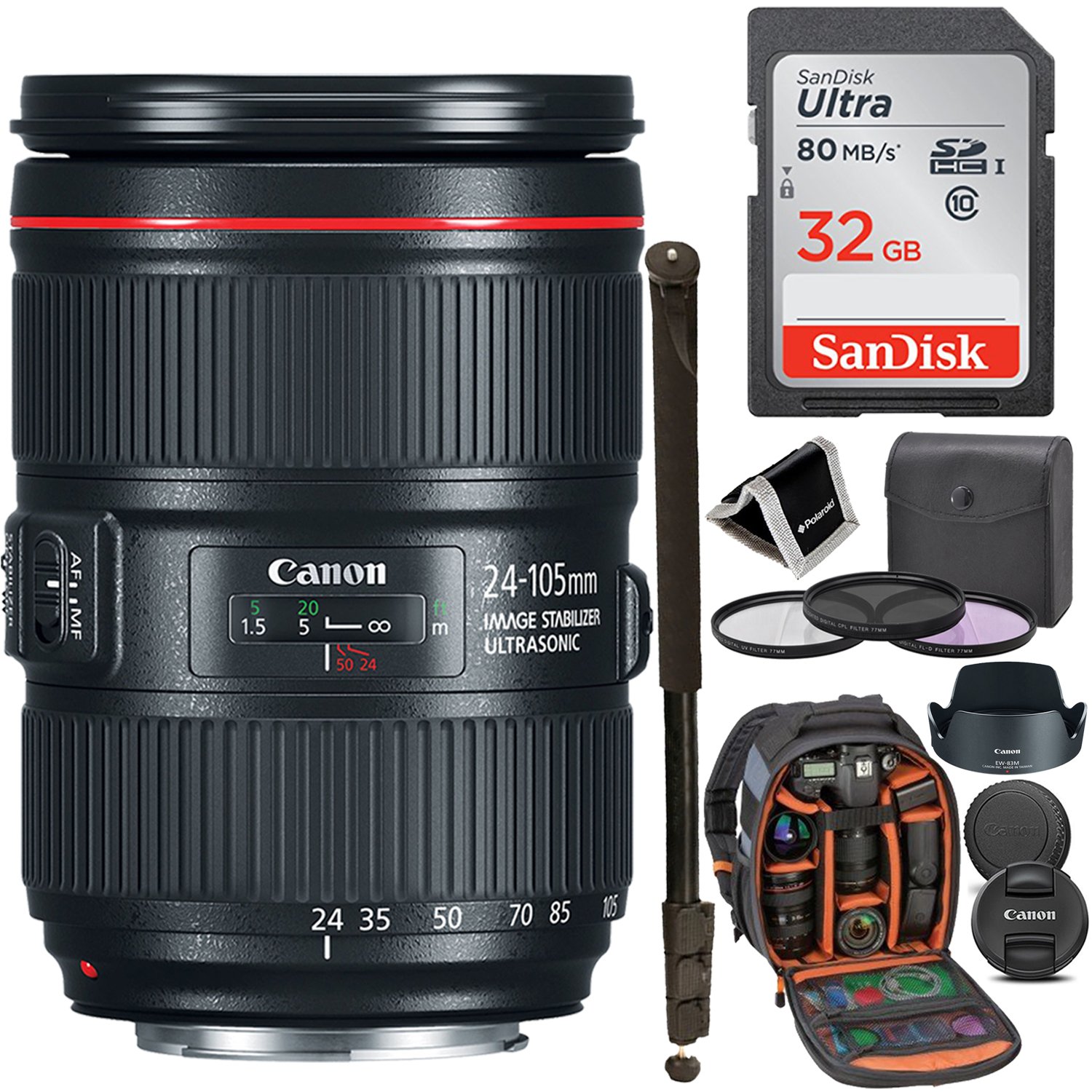 Canon ZOOM LENS EF 24-105mm F4L IS II USM - White Box, Sandisk Ultra SDHC 32GB Memory Card, Ritz Gear Photo Backpack, 77mm Filter Kit, 72" Monopod, Memory Card Wallet and Accessory Bundle