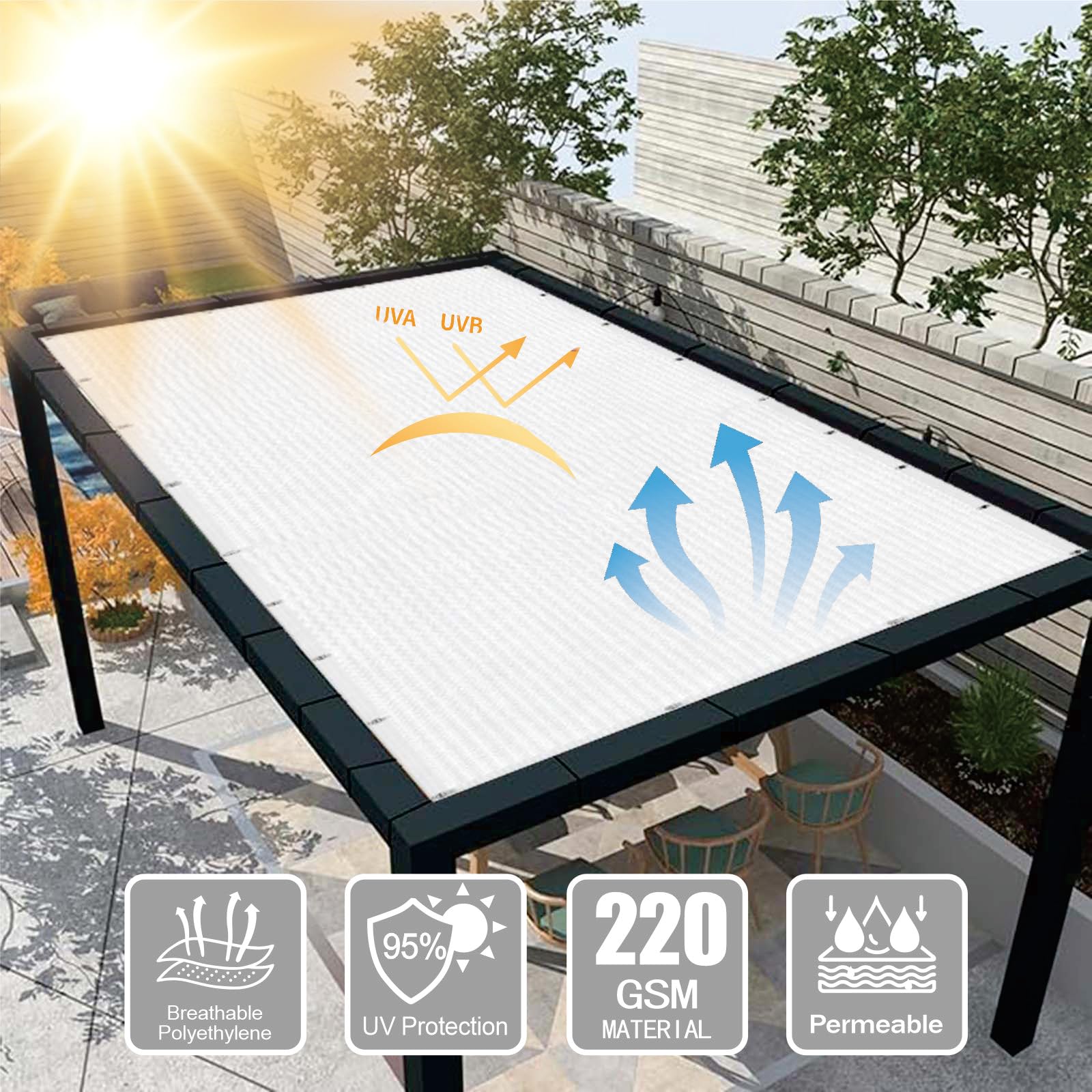 Tkanina Cieniująca 185 x 360 cm Oddychające HDPE – 95% Blokady Uv, 90% Zacienienia Siatka Cieniująca Z Oczkami Z Oczkami, Z Linką I Opaskami Kablowymi Do Na Balkon, Biały