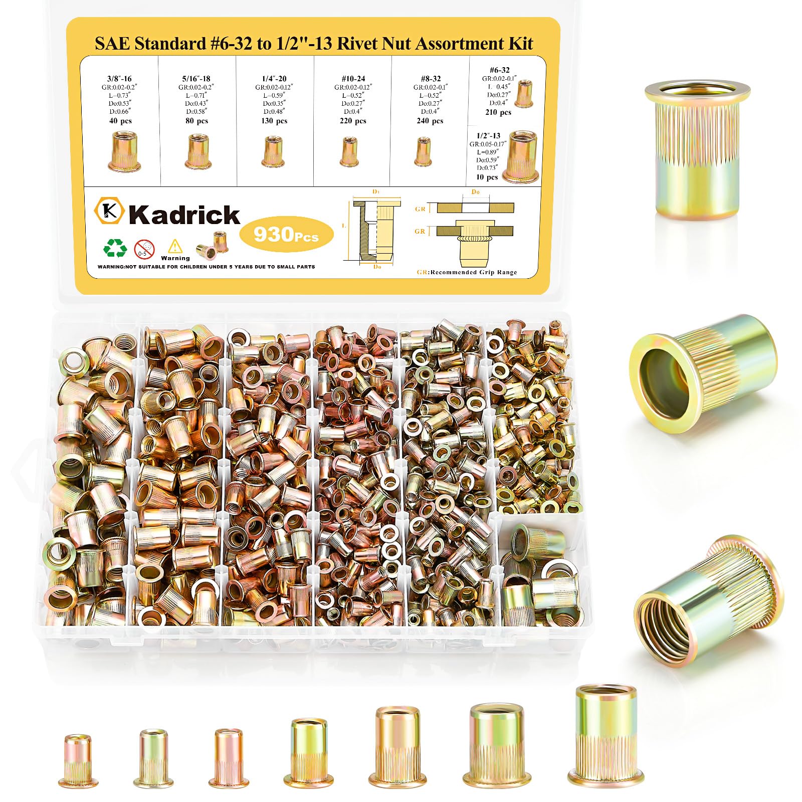 Kadrick Rivet Nut Kit, 930pcs SAE Rivet Nut Assortment Kit Galvanized Carbon Steel Flat Head Threaded Insert Nuts, Sizes 6-32 8-32 10-24 1/4"-20 5/16"
