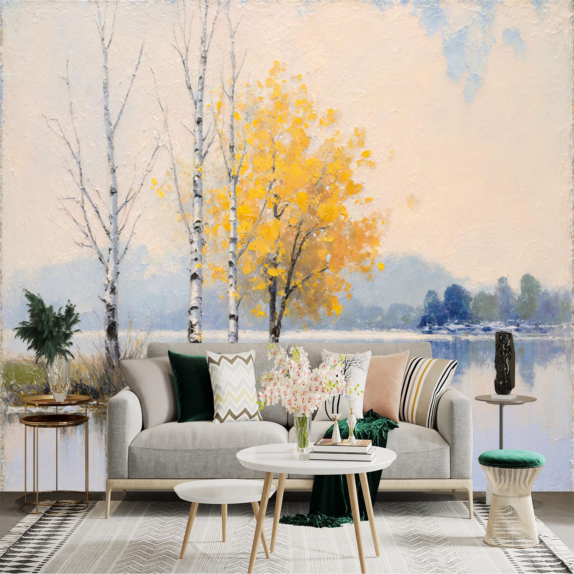 Lnzczhyre Xc260505234 Custom Size Wall Sticker Mural， Autumn Birch Trees By The Calm Lake， Impressionist Landscape Art， Yellow Foliage， For Wall Decoration， Peelandstick Wall Decals.