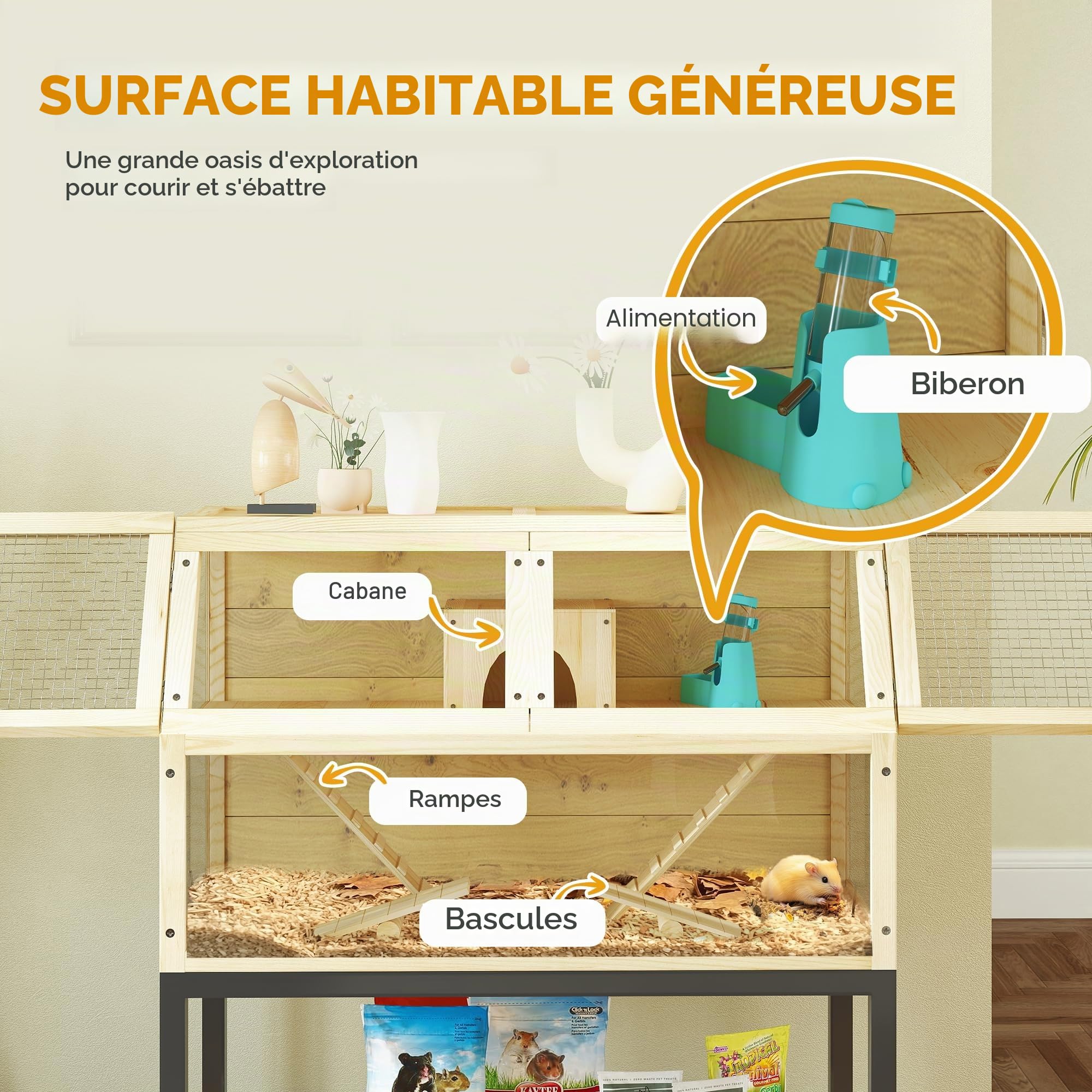 PawHut Cage Hamster Nain en Bois Naturel 87x43x101 cm | Cage pour rongeurs avec étagère, bouteille d'eau, cabane, bascules, roues, rampes