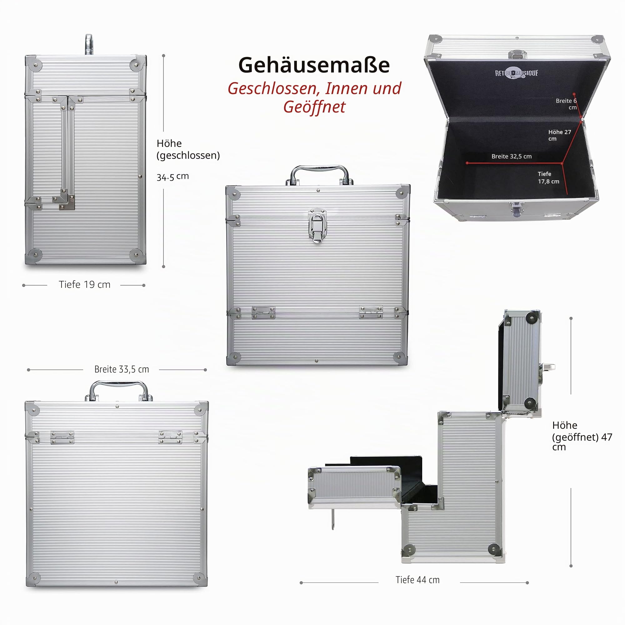 Aluminium-Box zur Aufbewahrung von Schallplatten (12 Zoll), mit einzigartiger zusammenklappbarer Klappe für besseren Zugang zu Ihren LPs