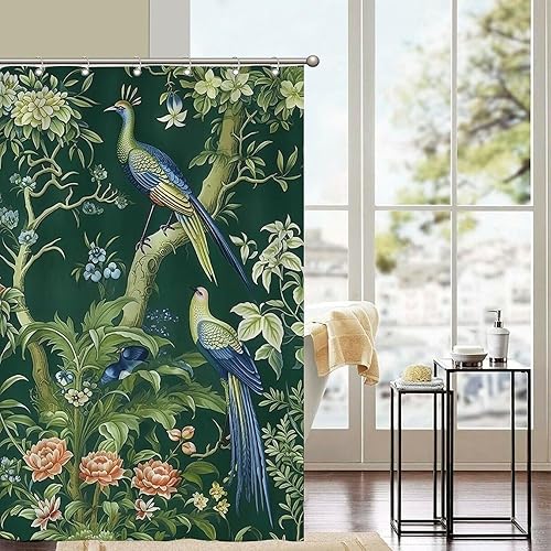 Miniatura 771 de Cortinas de ducha de baño con ganchos, 72 x 92 pulgadas, cortina de ducha de tela impermeable con diseño de flores y pájaros, cortina de ducha