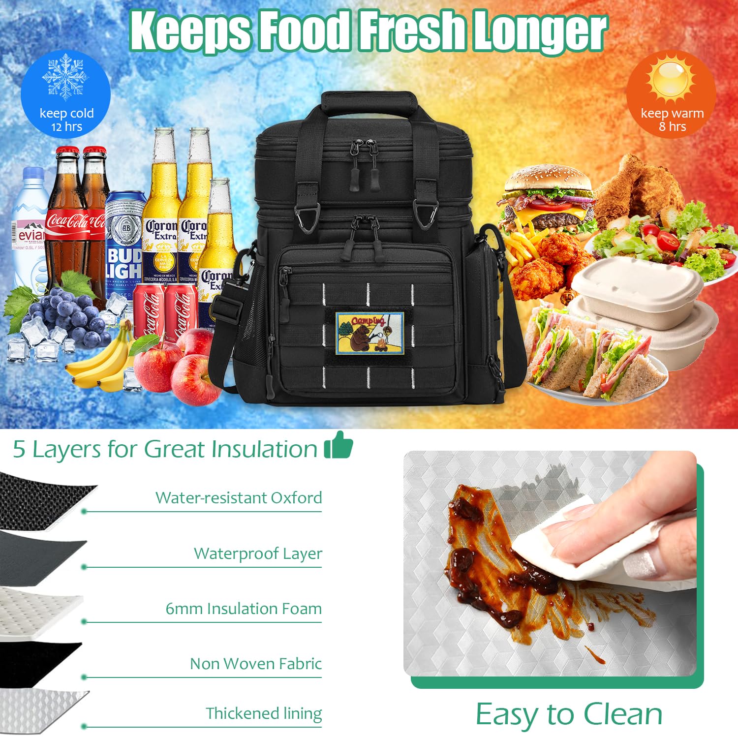 Kühltasche Picknicktasche erweiterbare Isoliertasche Lunchtasche Essen & Getränk Thermotasche für Schule Arbeit Camping