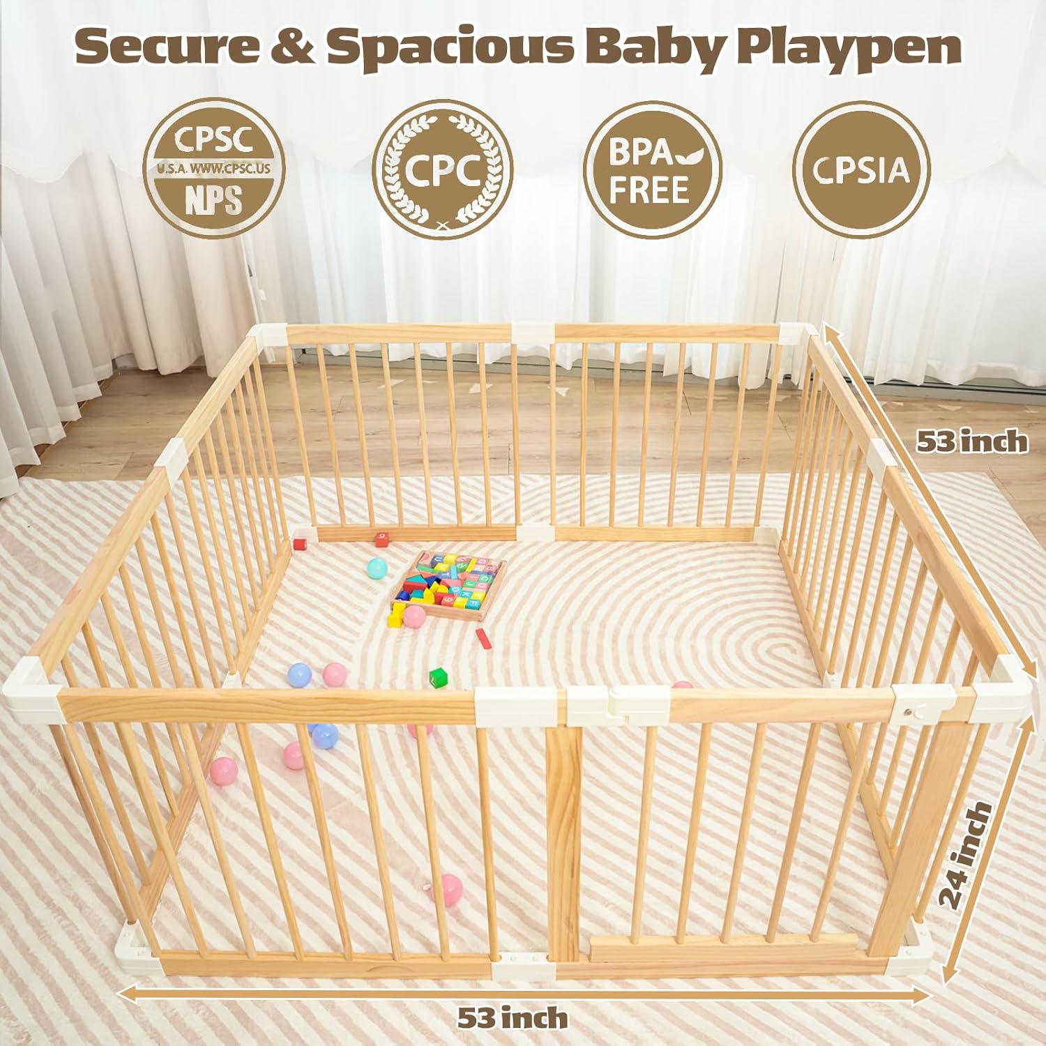 Baby Playpen,Wooden and Toddler Playpen,Play Pen for Babies and Toddlers Kids Indoor,Wooden Babies with Locking Baby Gate,Easy to Assemble,Play Pen Area Indoor(53x53x24 Inch)