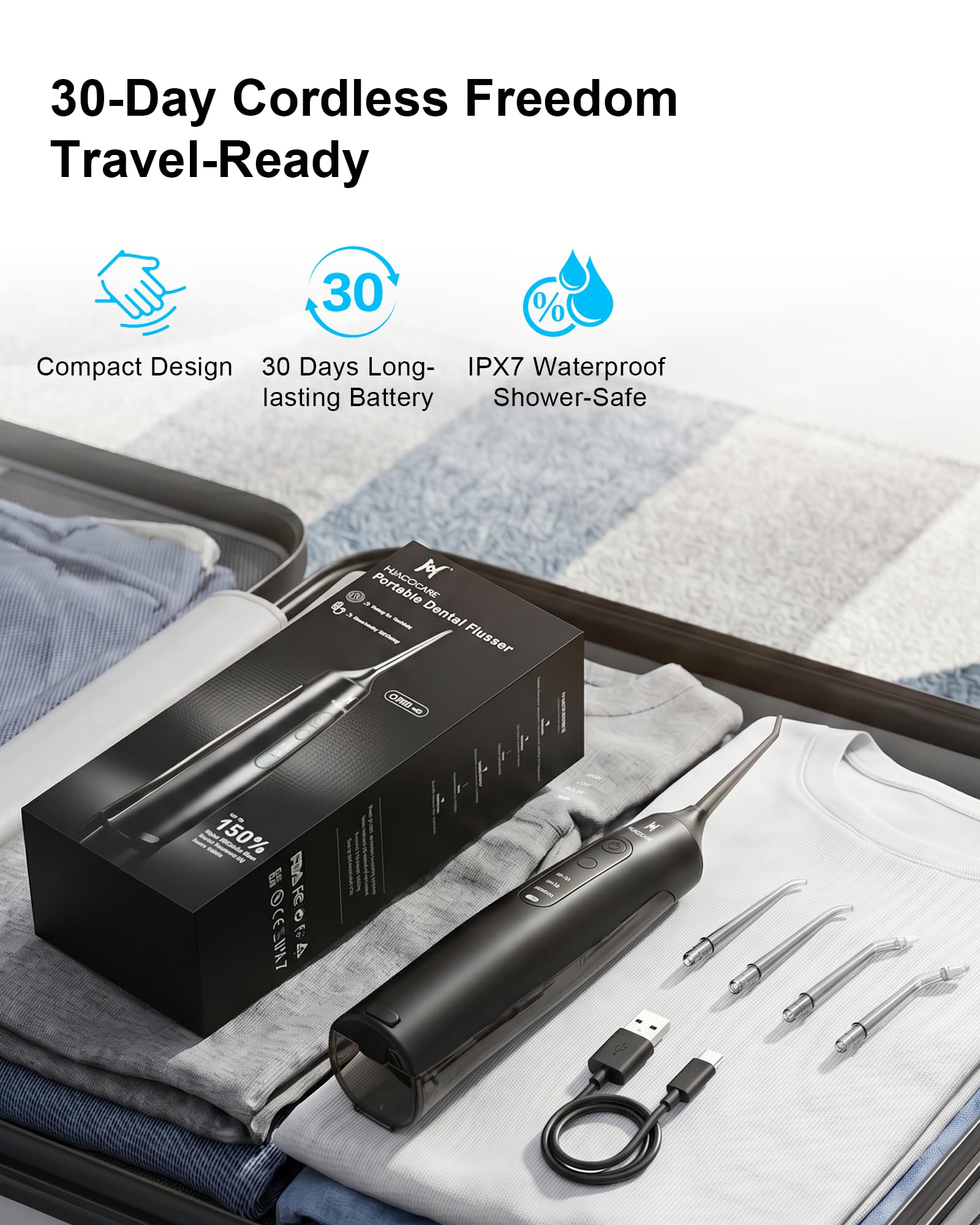 HUACO CARE Irrigador Dental Inalámbrico, 6 Ajustes de Presión y 3 Modos, Tanque 220 ml, Batería 30 Días, Impermeable IPX7, Irrigador Bucal Portátil para Dientes, Encías y Brackets