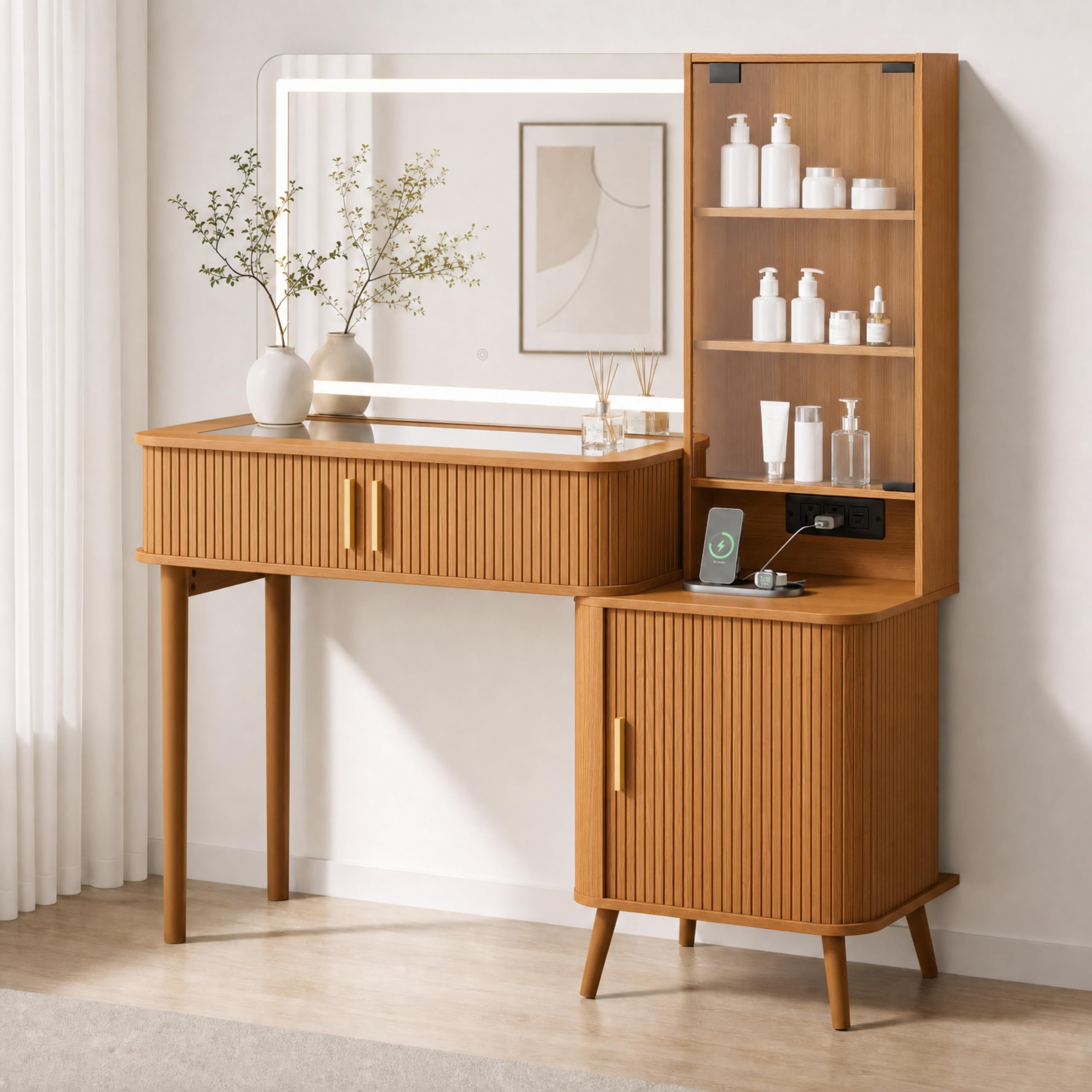51" Fluted Makeup Vanity Desk with 4 Drawers &amp; Adjustable Shelves,Dressing Table with Mirror and Lights, Large Vanity with Glass Top and Power Outlet for Bedroom (Yellow Walnut)