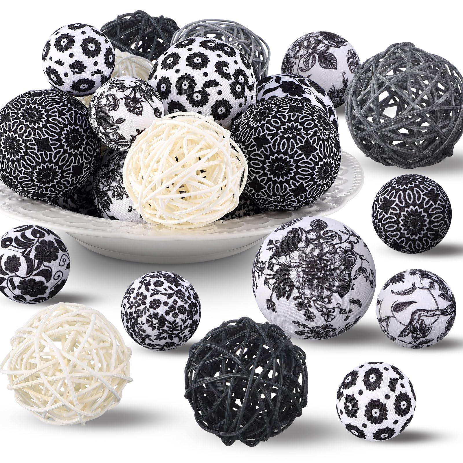 Halloscume 36 Pcs Decorative Fabric Balls for Centerpiece Bowls & Vases - 2.4 Inch Wicker Rattan Balls - Black & White