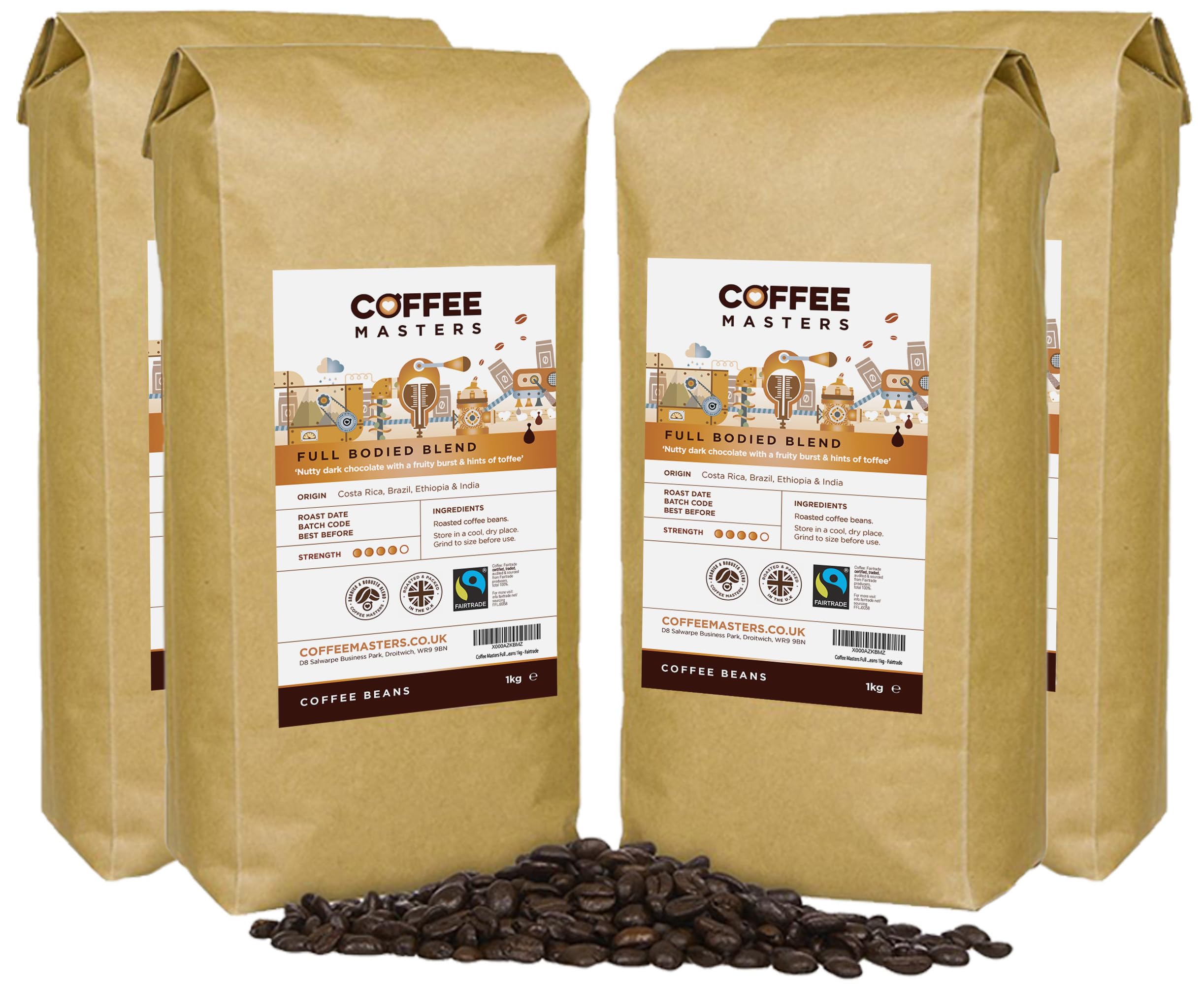 Coffee Masters Full Bodied Espresso Coffee Beans 4x1kg - Medium Dark Roast Arabica Blend, Perfect for Barista Machines - Fairtrade Certified