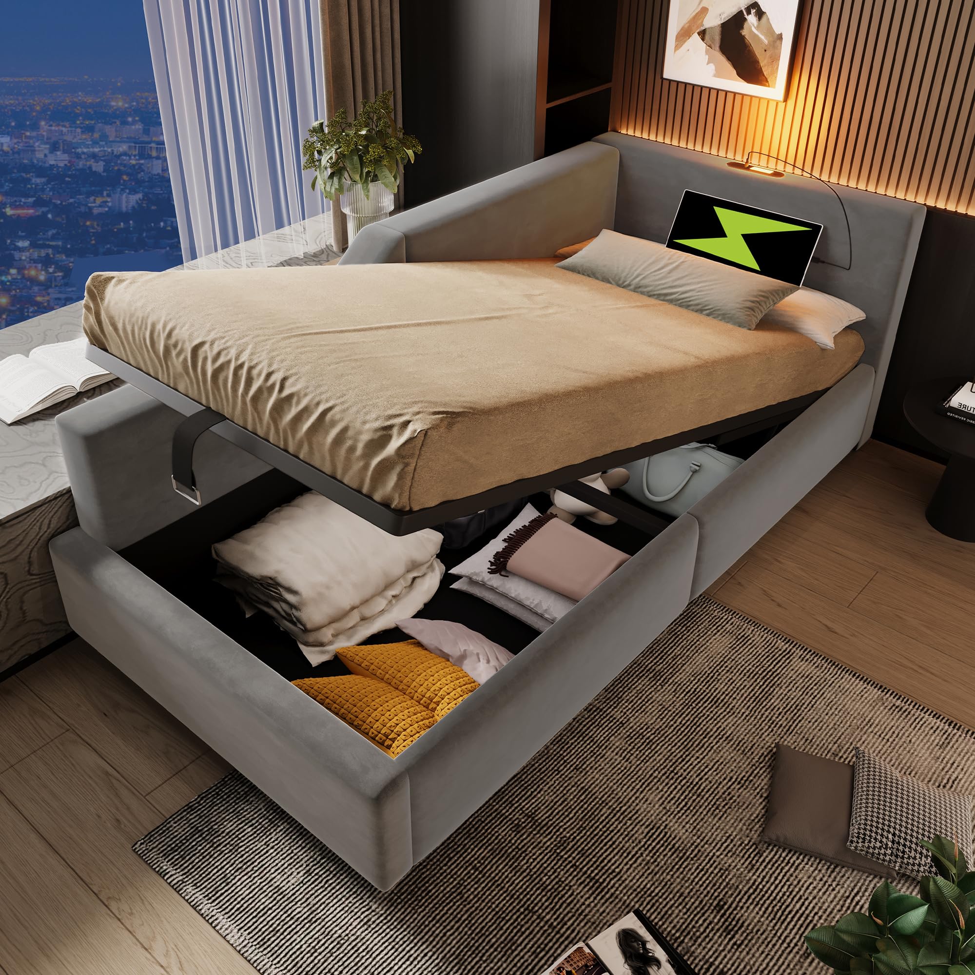 Letto Singolo con Contenitore 90x190 cm con luce di lettura e USB Type C,divano letto con spazio idraulico, Letto imbottito con Testiera, Letto con rete a doghe, Struttura Letto Singolo