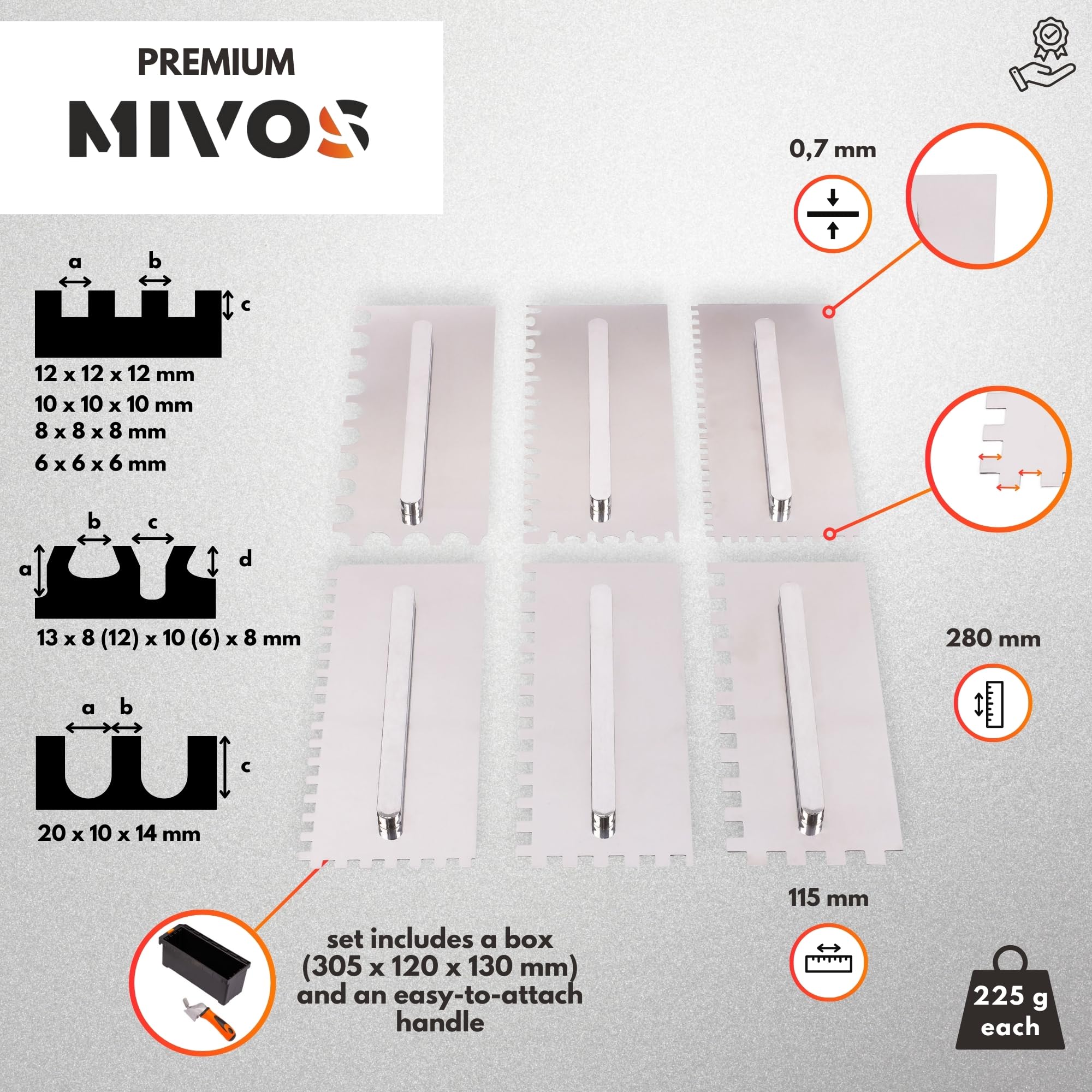MIVOS Trowels Set including removable handle and transport box, 6, 8, 10, 12 mm, U-type, Tiger type, 6 toothed trowels - Image 2