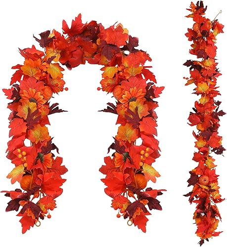 Guirnalda artificial de otoño con hojas de arce, calabazas y bayas, guirnalda de otoño naranja de 7 pies para Acción de Gracias, chimenea de