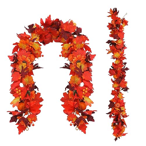 Artificial Fall Garland with Maple Leaves, Pumpkins & Berries –