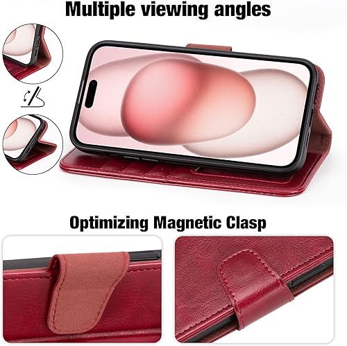 Miniatura 147 de Arae Compatible with iPhone 15 Case with Card Holder and Wrist Strap Wallet Flip Cover for iPhone 15 6.1 inch,Wine Red