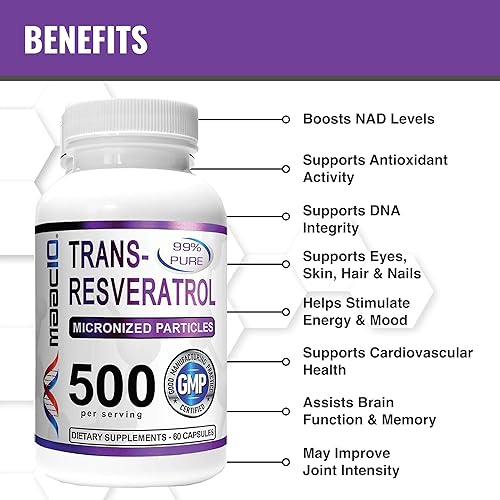 Miniatura 2 de MAAC10 - Trans Resveratrol 500 mg paquete de 3 (grado farmacéutico micronizado 99% puro extracto de trans-resveratrol + BioPerine para una absorción