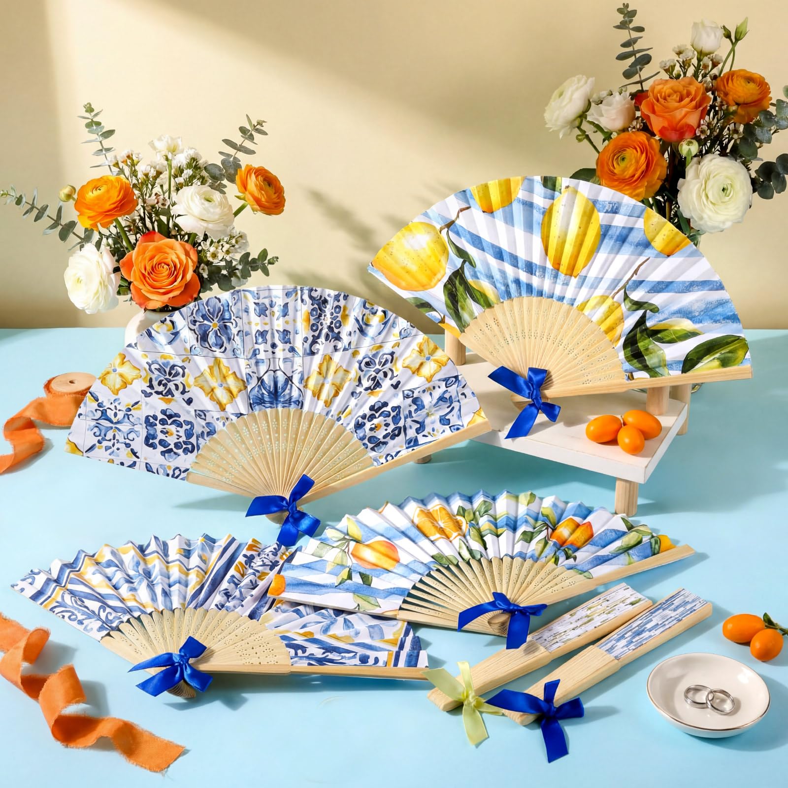 Roowest Amalfi Coast Capri Positano Lemon Faltbarer Handfächer Großpackung Sommer Mediterran Partyzubehör Faltbare Zitronenmuster Handfächer für Babyparty, Hochzeit, Geburtstag, Dekorationen