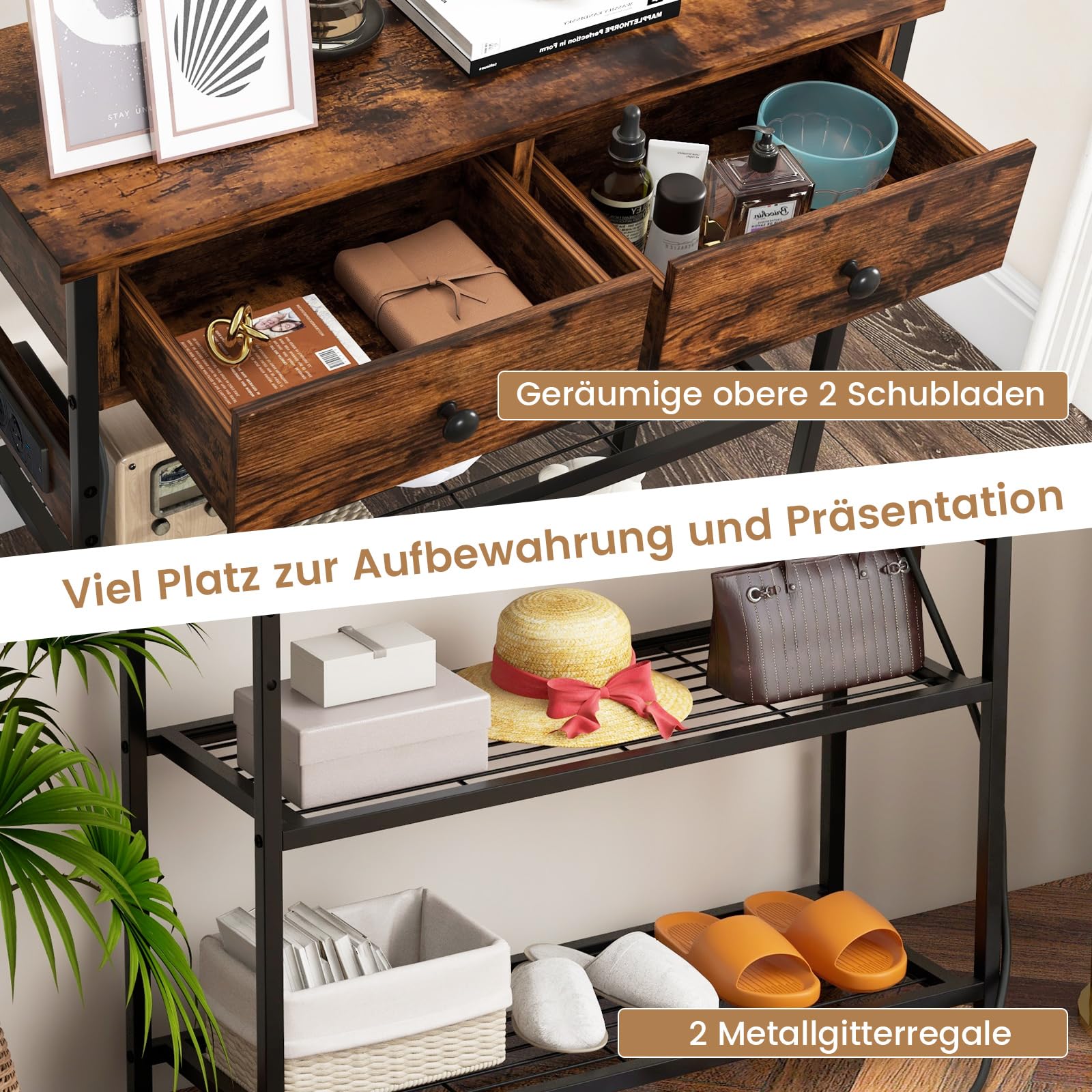 Grijze COSTWAY Consoletafel Met Laadstation, Haltafel Met 2 Laden En 2 Metalen Roosterplanken Met Stopcontacten En Usb Typec Aansluitingen Bijzettafel Vintage Grijze COSTWAY Consoletafel Met Laadstation, Haltafel Met 2 Laden En 2 Metalen Roosterplanken Met Stopcontacten En Usb Typec Aansluitingen Bijzettafel Vintage