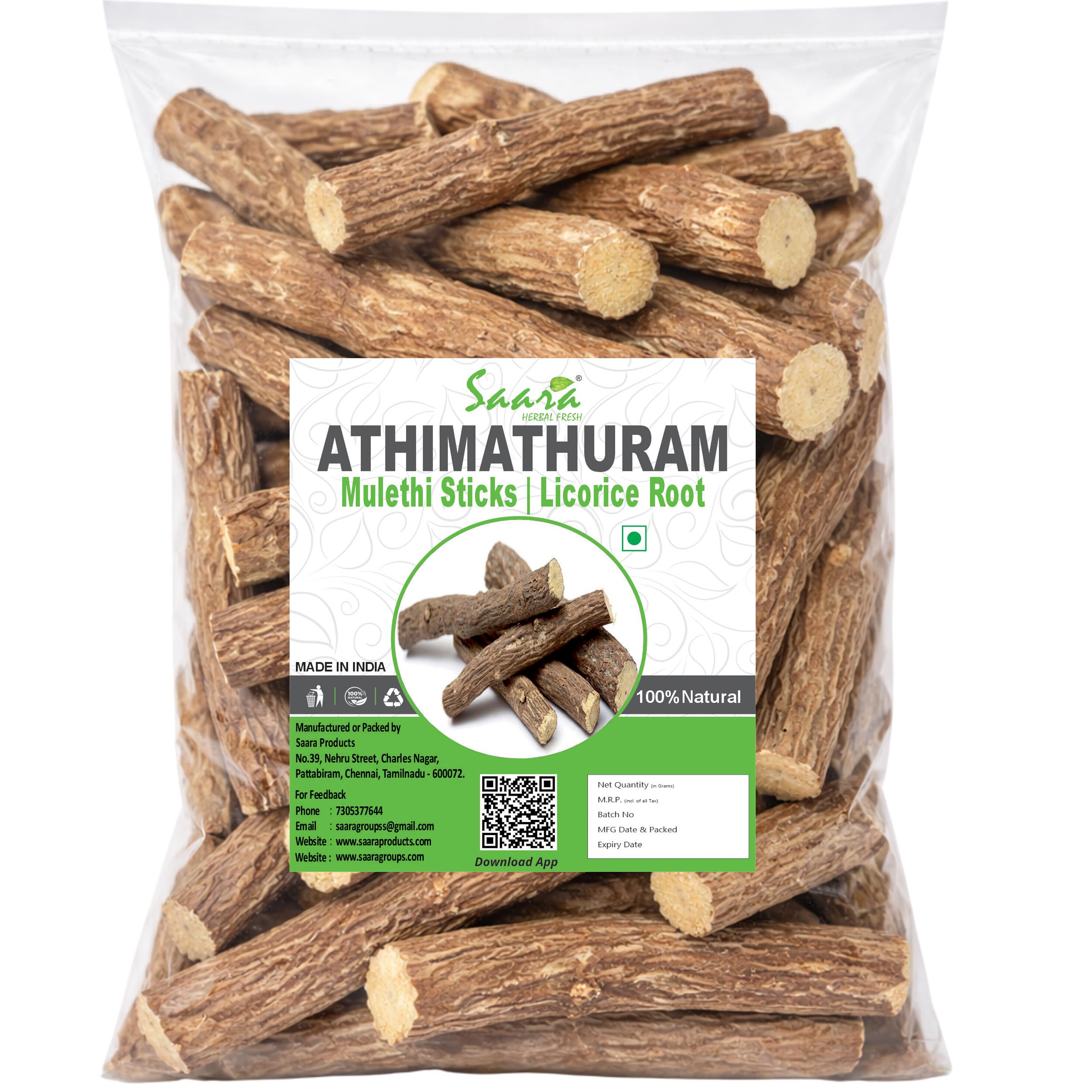 Saara HERBAL FRESH Athimathuram Root, 50g, Mulethi Sticks, Licorice Root, Glycyrrhiza Glabra, Yashtimadhu Root, (pack of 1 x 50g)
