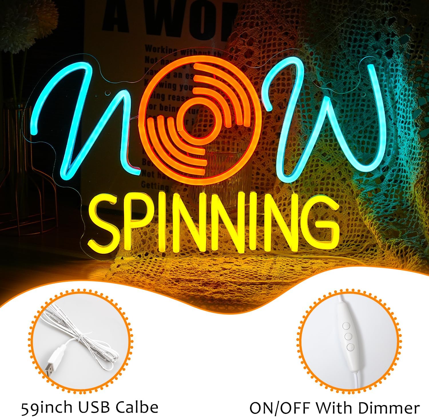 LISIGNVE Record Neon Sign for Wall Decor Vintage Music Studio Neon Light Wall Art Dimmable Led Now Spinning Music Light Up Sign for Bar Dj Studio Bedroom Home Theater (USB Ice Blue Yellow Orange） - Image 3