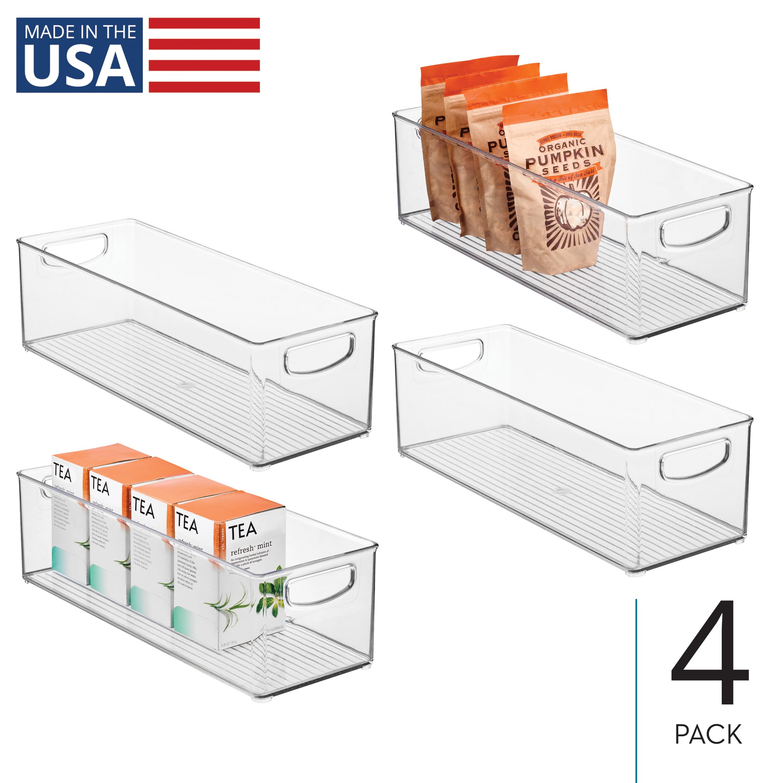 InterDesign iDesign - Contenedor apilable de plástico para despensa, con asas para armarios o nevera, juego de 4, transparente | Para armarios de cocina o nevera, fabricado en Estados Unidos