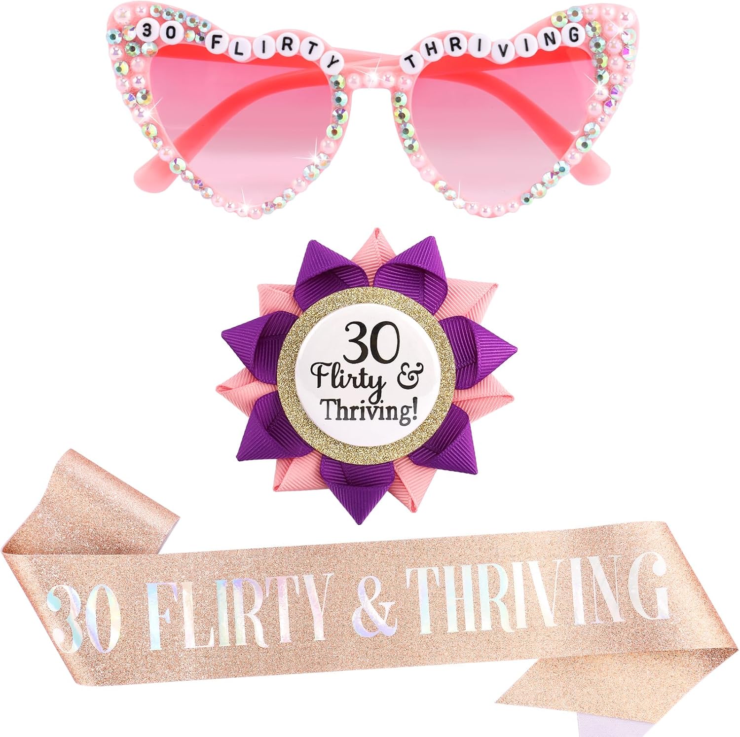 30th Birthday Sunglasses Sash & Pin, Flirty & Thriving Women Outfit Accessories for Party Decor