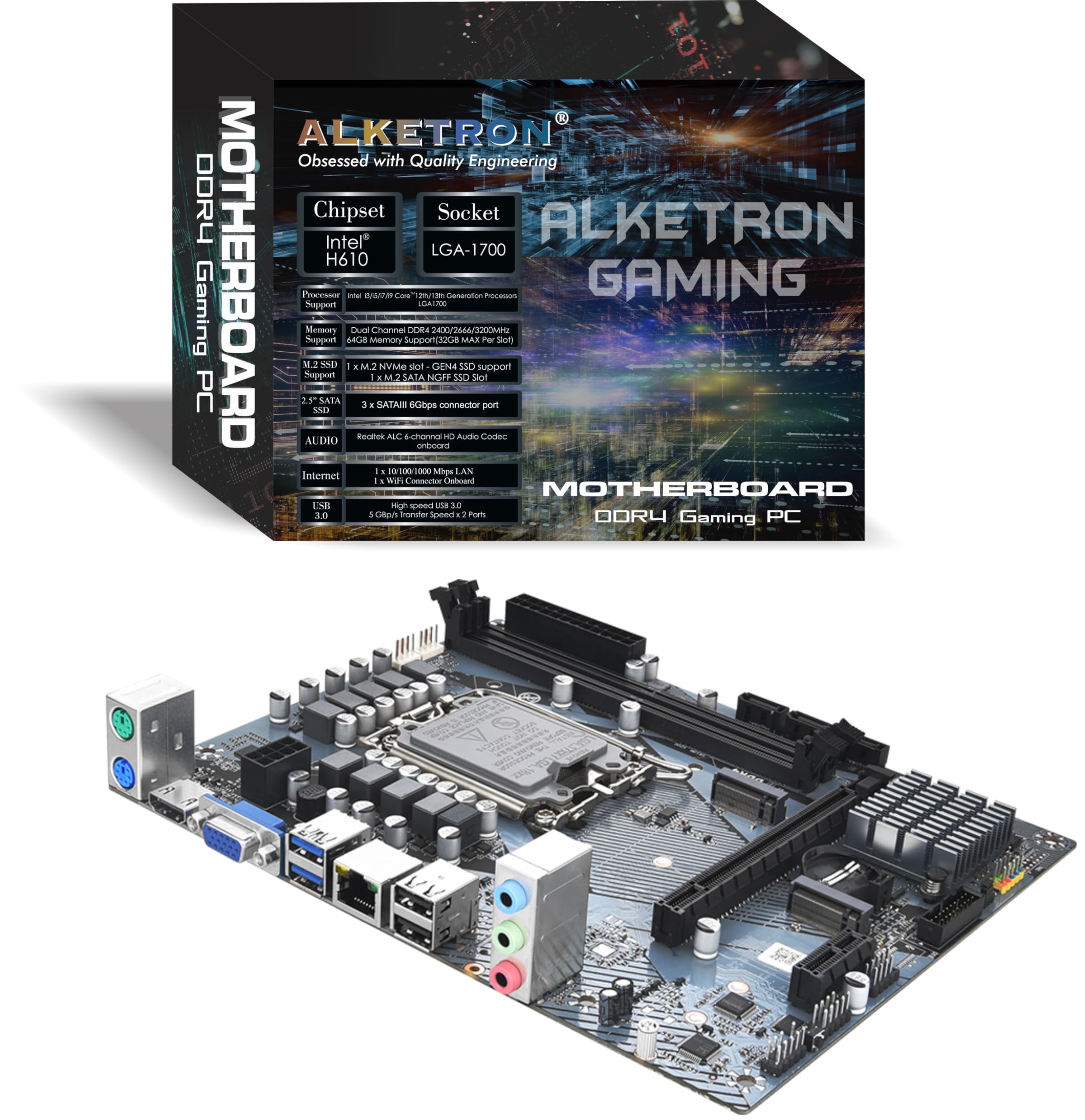 ALKETRON Gaming Desktop PC DDR4 Motherboard - H610 LGA1700-12th Generation i3/i5/i7/i9 core Processors - BuiltIn WiFi Slot, PCIe NVMe Gen3; USB3.0; HDMI; 64GB Max Memory Support - 1 Year Warrant