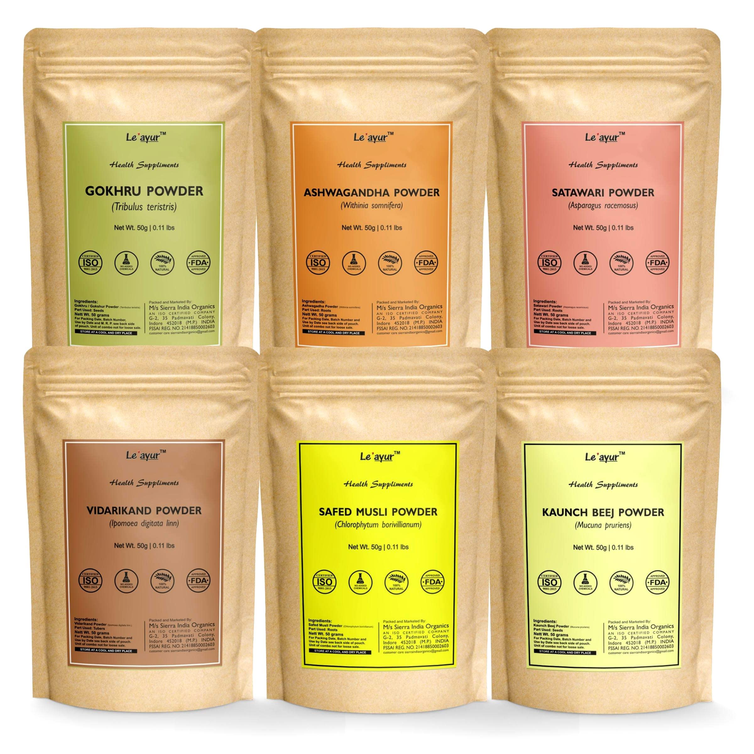 Leayur Combo Of Safed Musli, Ashwagandha, Kaunch Beej, Satawar, Gokhru & Vidarikand Powder 50-50 grams each (B09C3G8FZX) Amazon Price History, Amazon Price Tracker