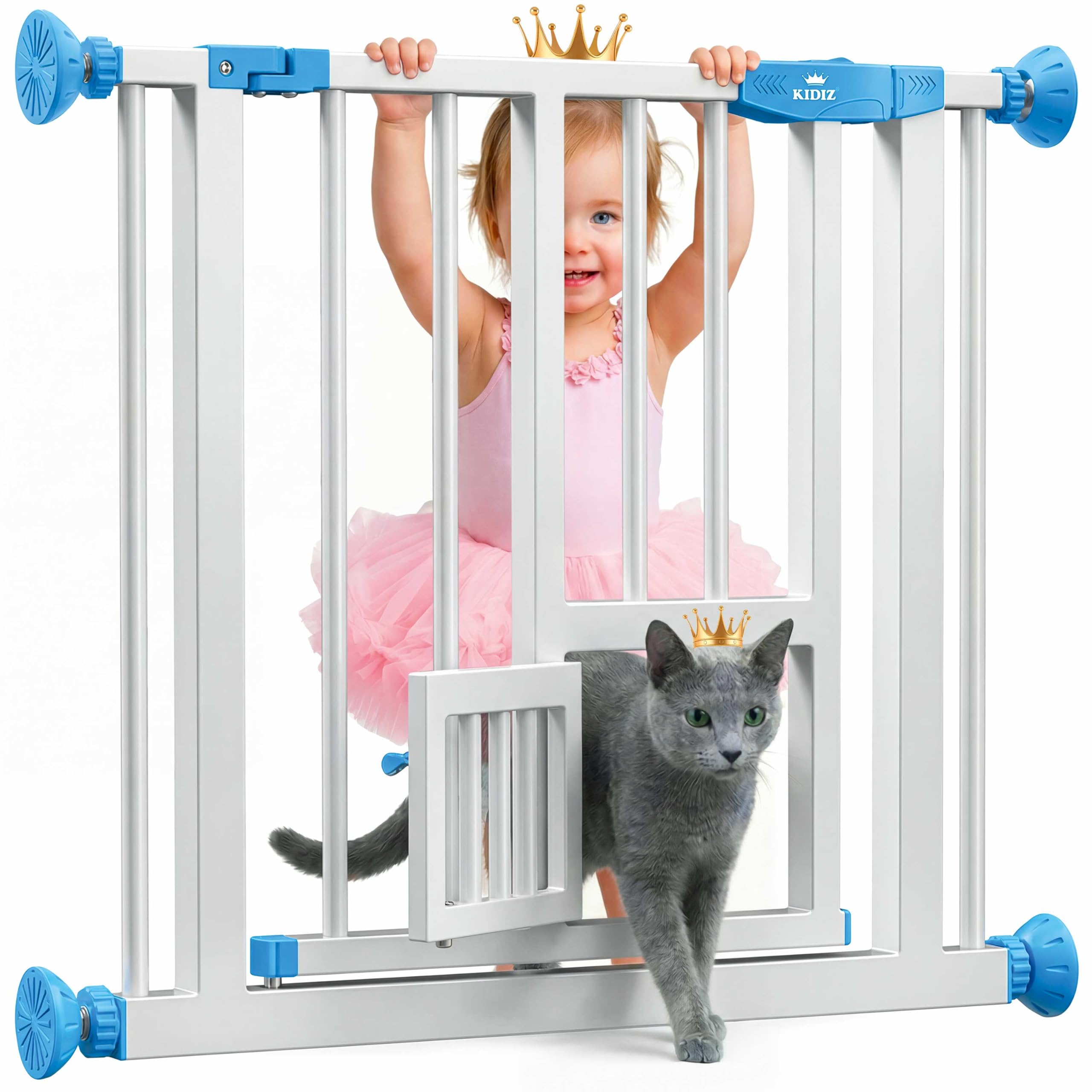 KIDIZ® Cancelletto di Sicurezza per porte, Cancelletto per Bambini, con Porta per Cani e Gatti, senza foratura, espandibile, combinabile con i mandrini a Y, girevole, 74-87 cm - Bianco/Blu