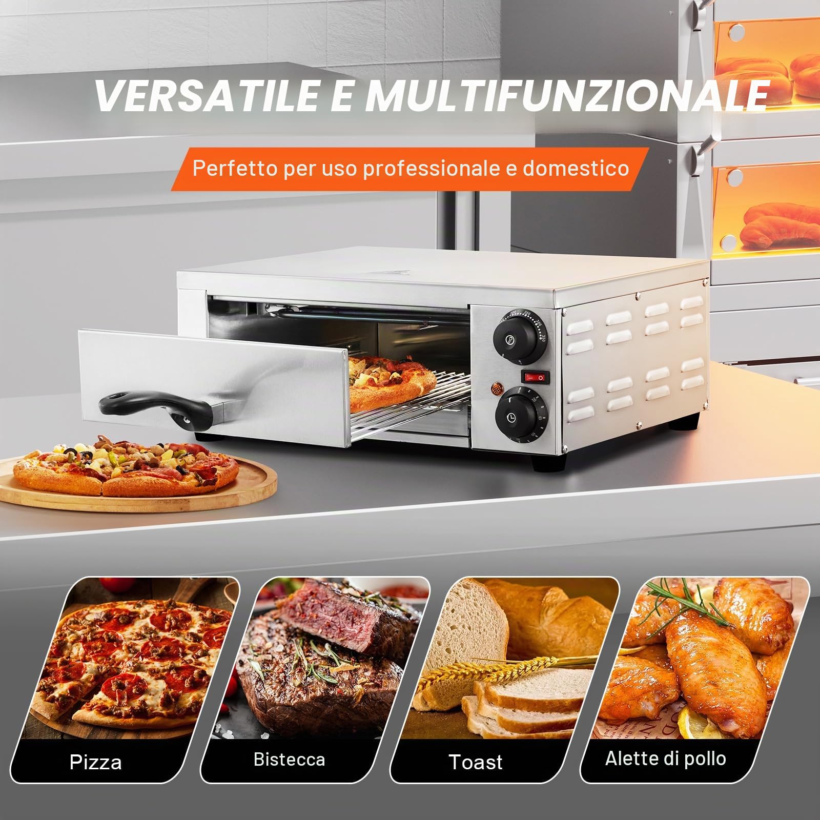 VEVOR Forno Elettrico per Pizza da Banco Pizza da 12 Pollici 1500 W Temperatura Controllata Timer da 0-120 Minuti, Cottura Uniforme Vassoio Briciole Facile da Pulire per Cucine Commerciali Domestiche