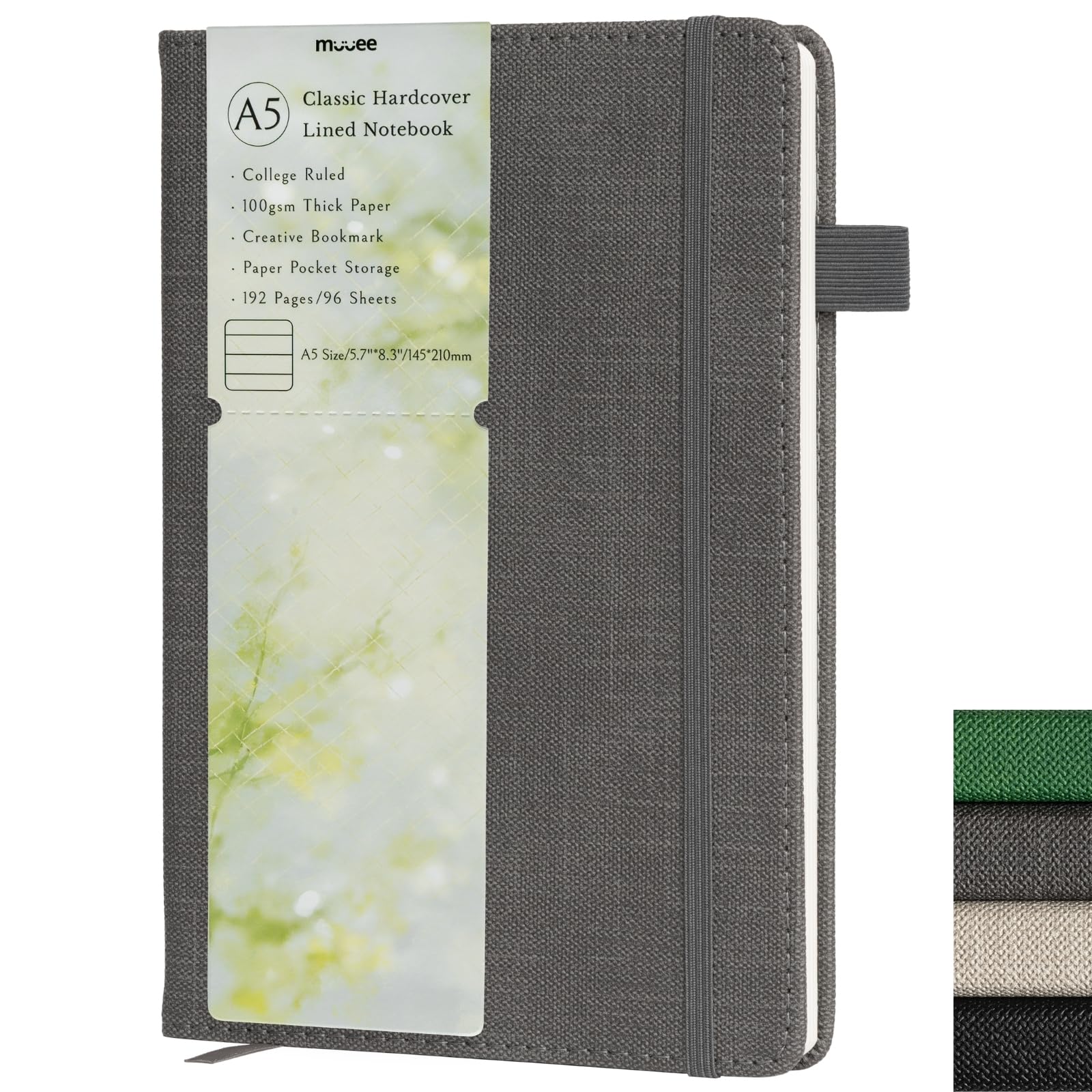muuee A5 Lined Journal Notebook, 192 Thick Pages, 100GSM Paper, College Ruled Faux Leather Hardcover Notebook for Work School Office, Daily Journal For Women Men 5.7"×8.3" (Grey)
