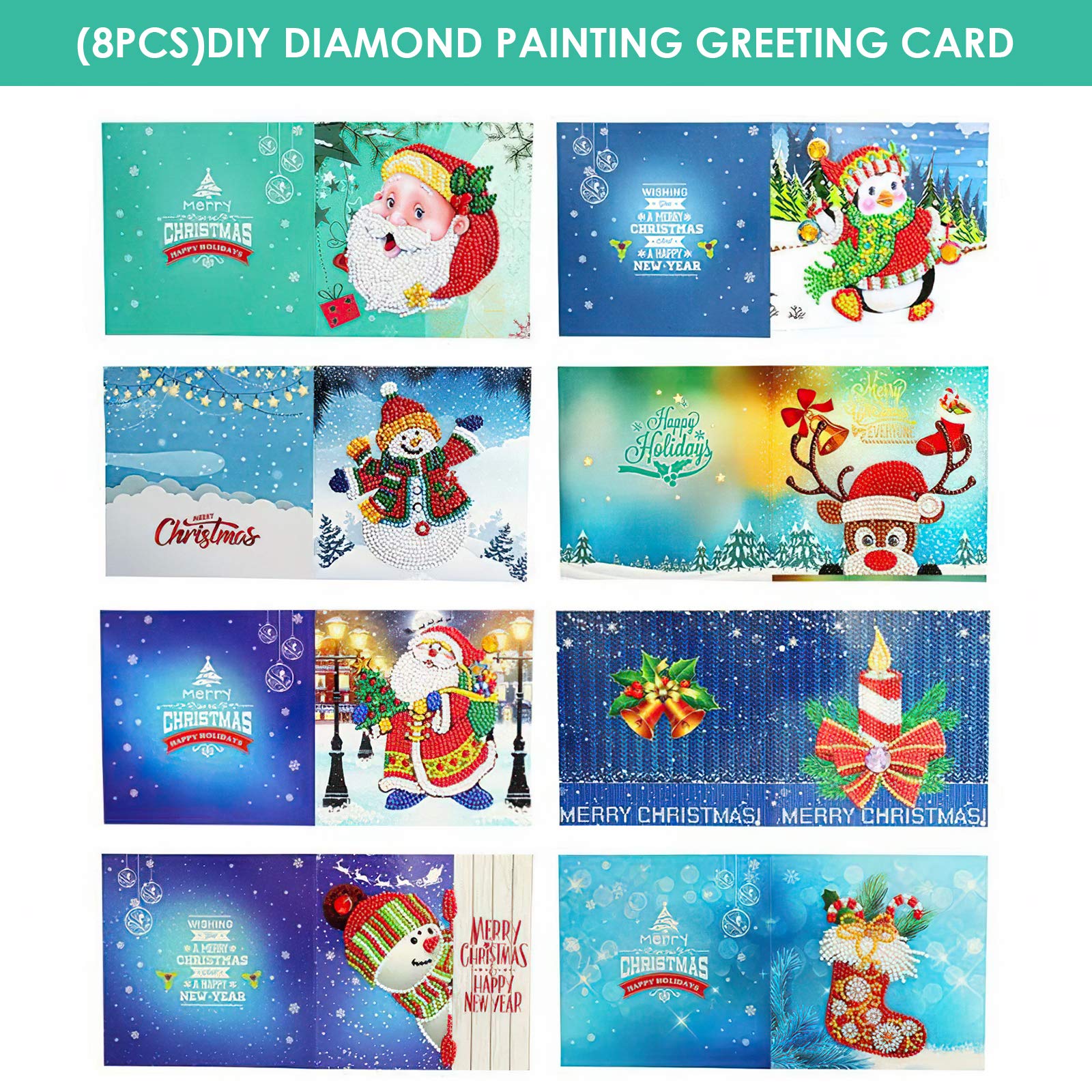 iFCOW Lot de 8 cartes de vœux de Noël 5D à faire soi-même avec peinture diamant pour les fêtes entre amis et la famille
