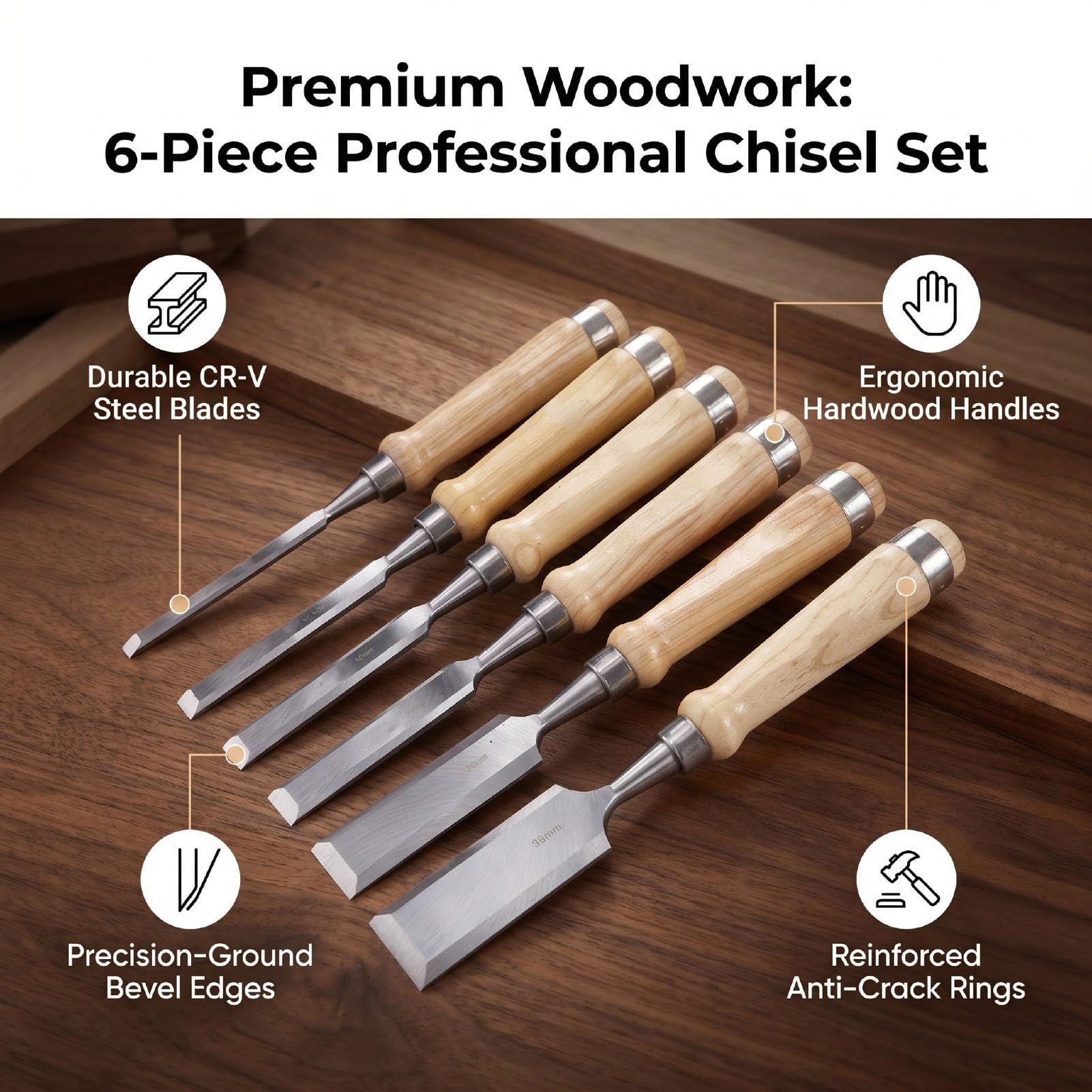 PUSOKEI Set Scalpelli per Legno 8-38 Mm 6 Pezzi |Scalpelli con Bordo Smussato in Acciaio CRV per l'artigianato della Lavorazione del Legno
