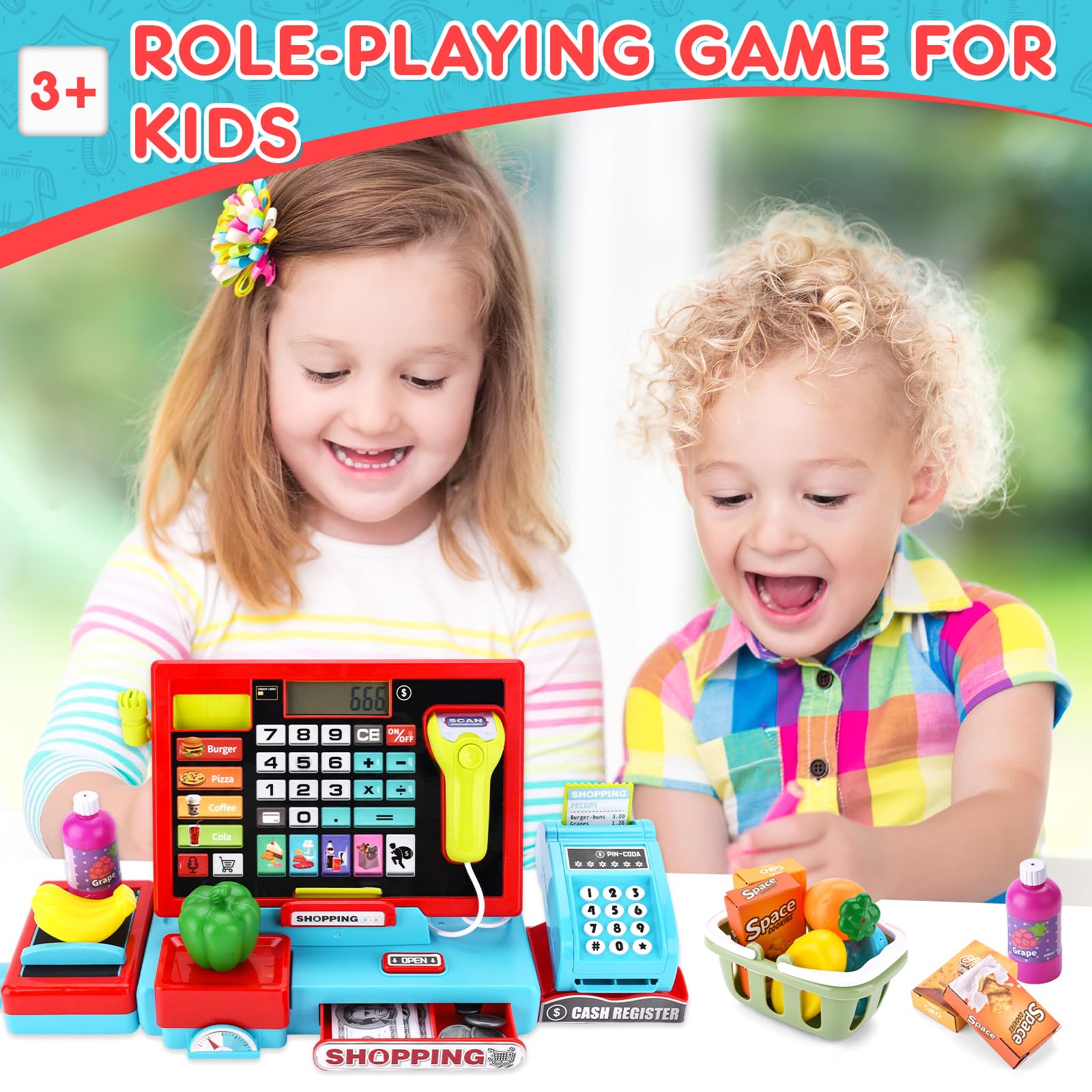 Jouet Caisse Enregistreuse pour Enfants,Caisse Enregistreuse Jouet,Caisse Enregistreuse Enfants,Accessoires avec Scanner Son et Lumière,Jouets Alimentaires,Jeu de Rôle pour Enfant de 3+Ans