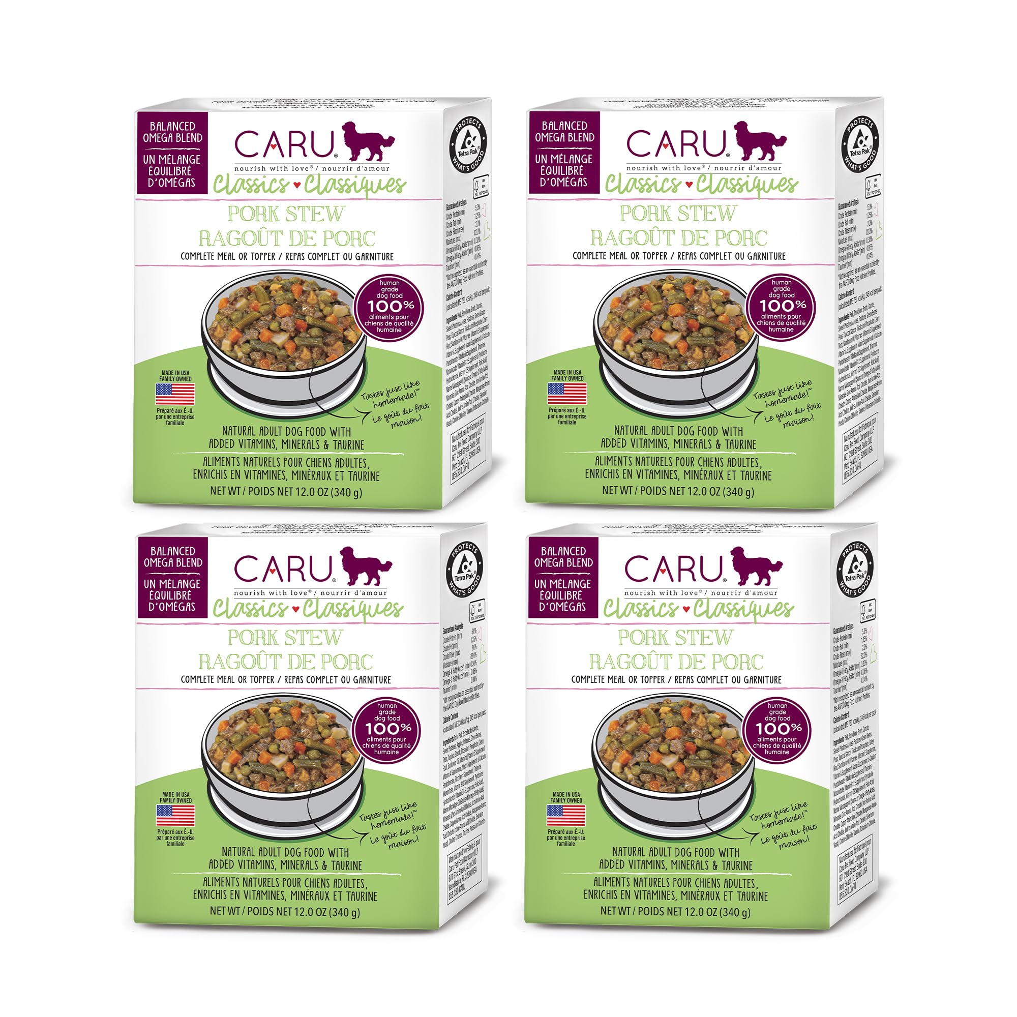 Caru - Classics Pork Stew for Dogs - Healthy Wet Dog Food or Food Topper - 12 oz Cartons - Pack of 4