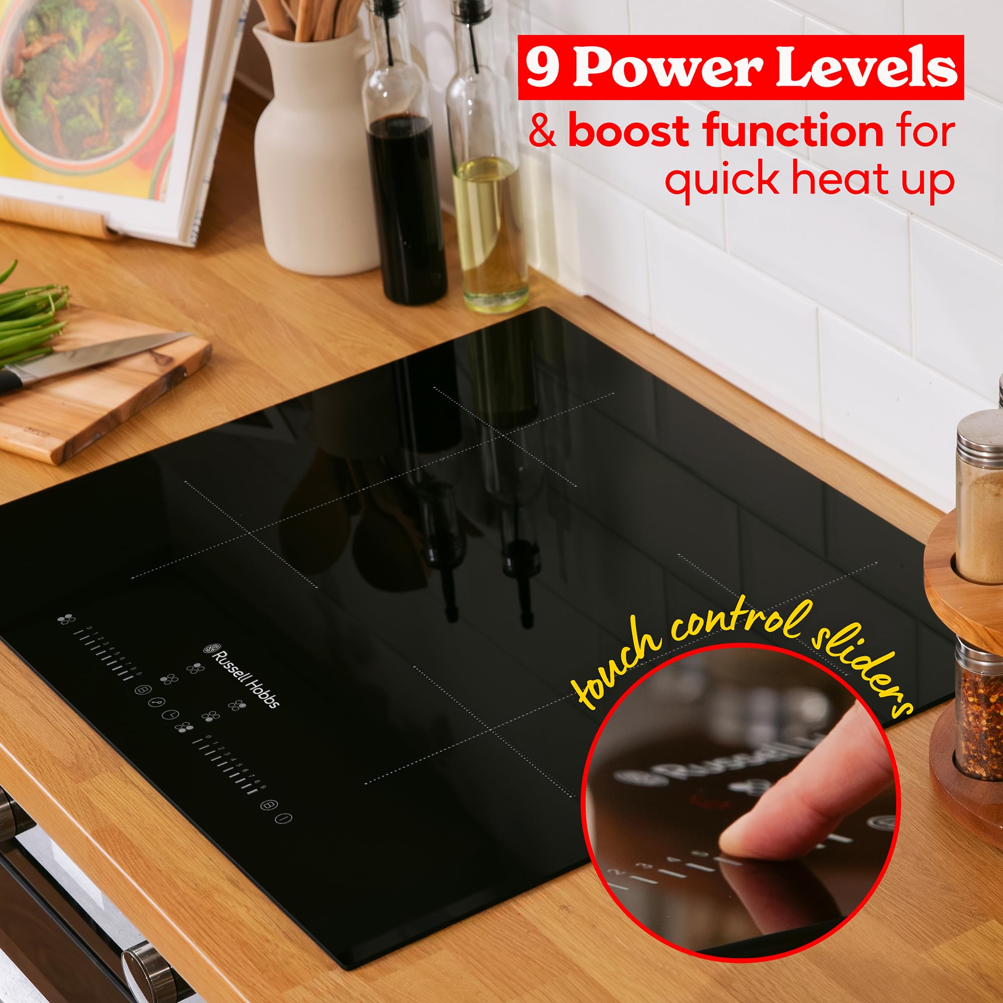 Russell Hobbs, Black, 60cm Induction Hob with Dual Flex Bridge, Multi-Slider Touch Control, 99 Minute Timer, 9-Stage Power Settings, Boost function, Pan Sensor - 4