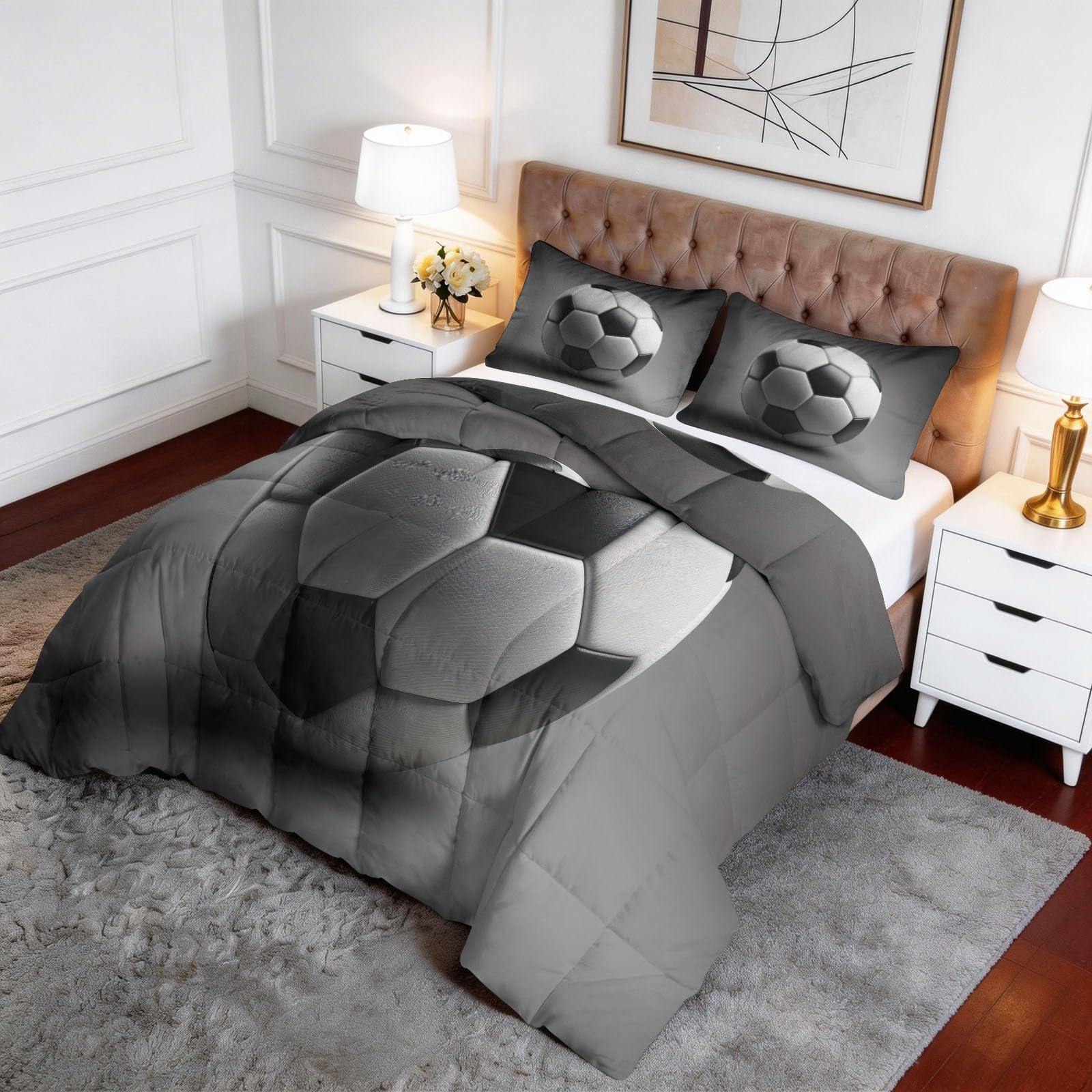 Generisch Grauer Fußball Bettdecke 220 x 240 cm 4 Jahreszeiten Steppdecke, Sport-Geometrie Waschbare Ganzjahresdecke Jungen Bettwaren Set Kinderzimmer Spielzimmer Bettdecke Ohne Bezug