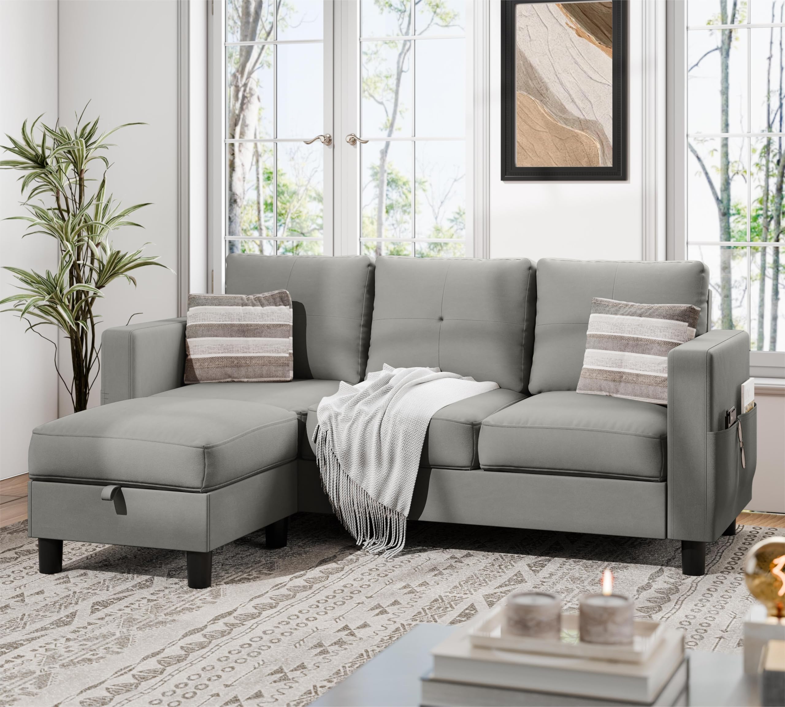 JAMFLYSectional Sofas Couches for Living Room, L Shaped Couch with Storage Sofa Set, Small Couches for Small Spaces with Movable Ottoman,Light Grey