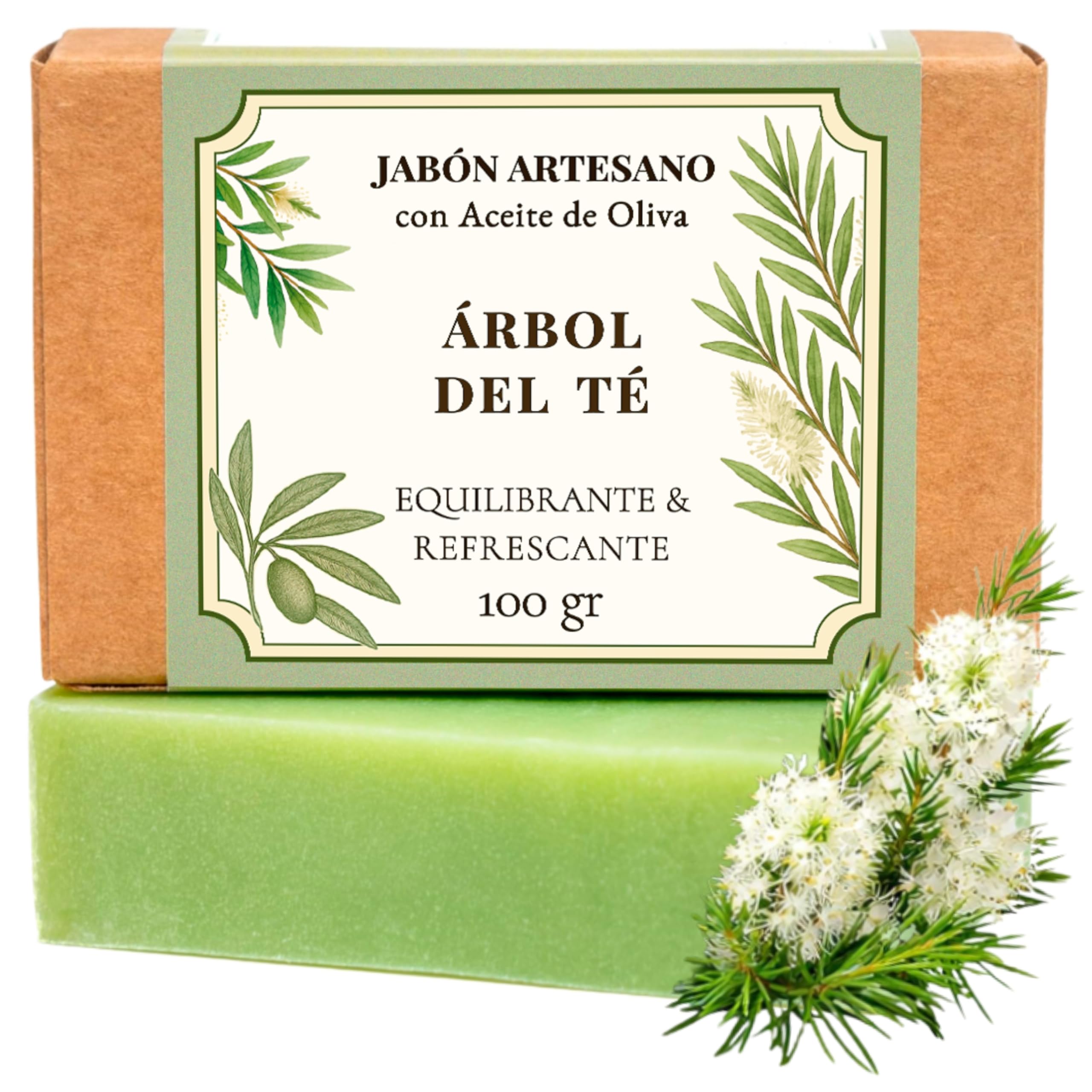 Savon Tea Tree avec huile d’olive 100 g – savon solide corps et visage, cosmétique naturelle pour peaux grasses et mixtes, idéal pour la routine de soin au quotidien