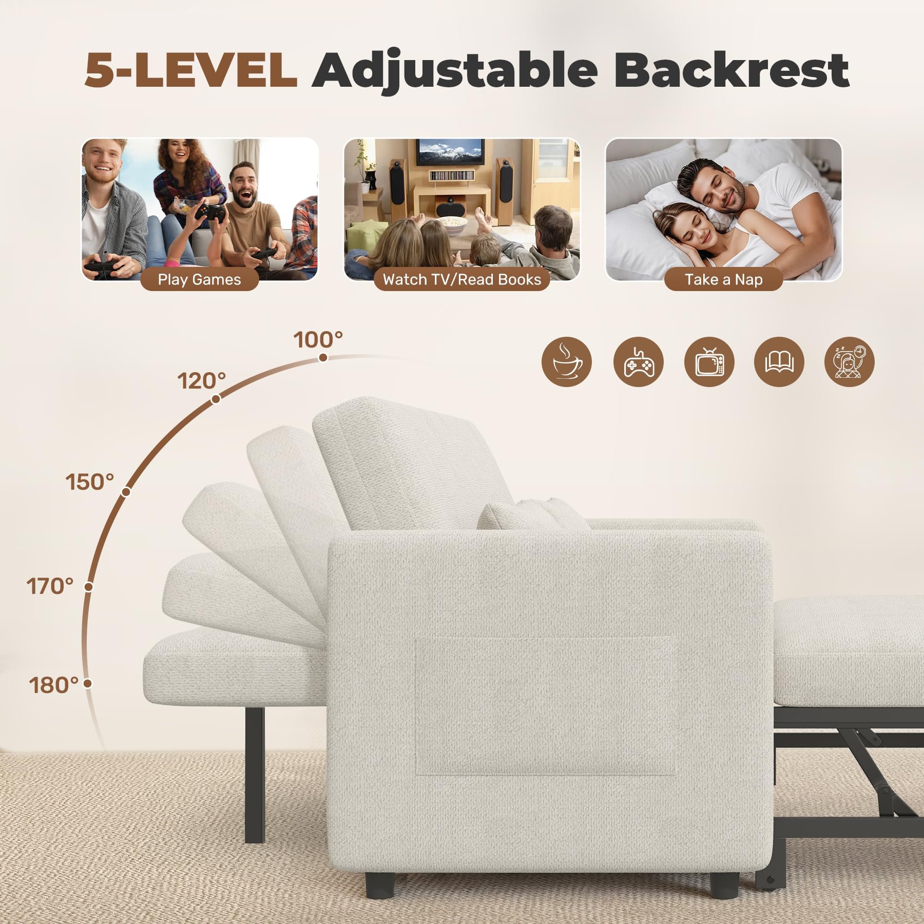 Nebuaegis Sleeper Sofa Bed,3-in-1 Convertible Pull Out Couch with Adjustable Backrest for Living Room,Loveseat Sofa Bed with Side Pockets,Easy Assembly,Beige,1 PCS