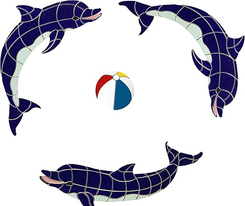 Aquatic Custom Tile Mosaico grande de 3 delfines con bola de playa de porcelana para piscina (42 x 42 pulgadas)