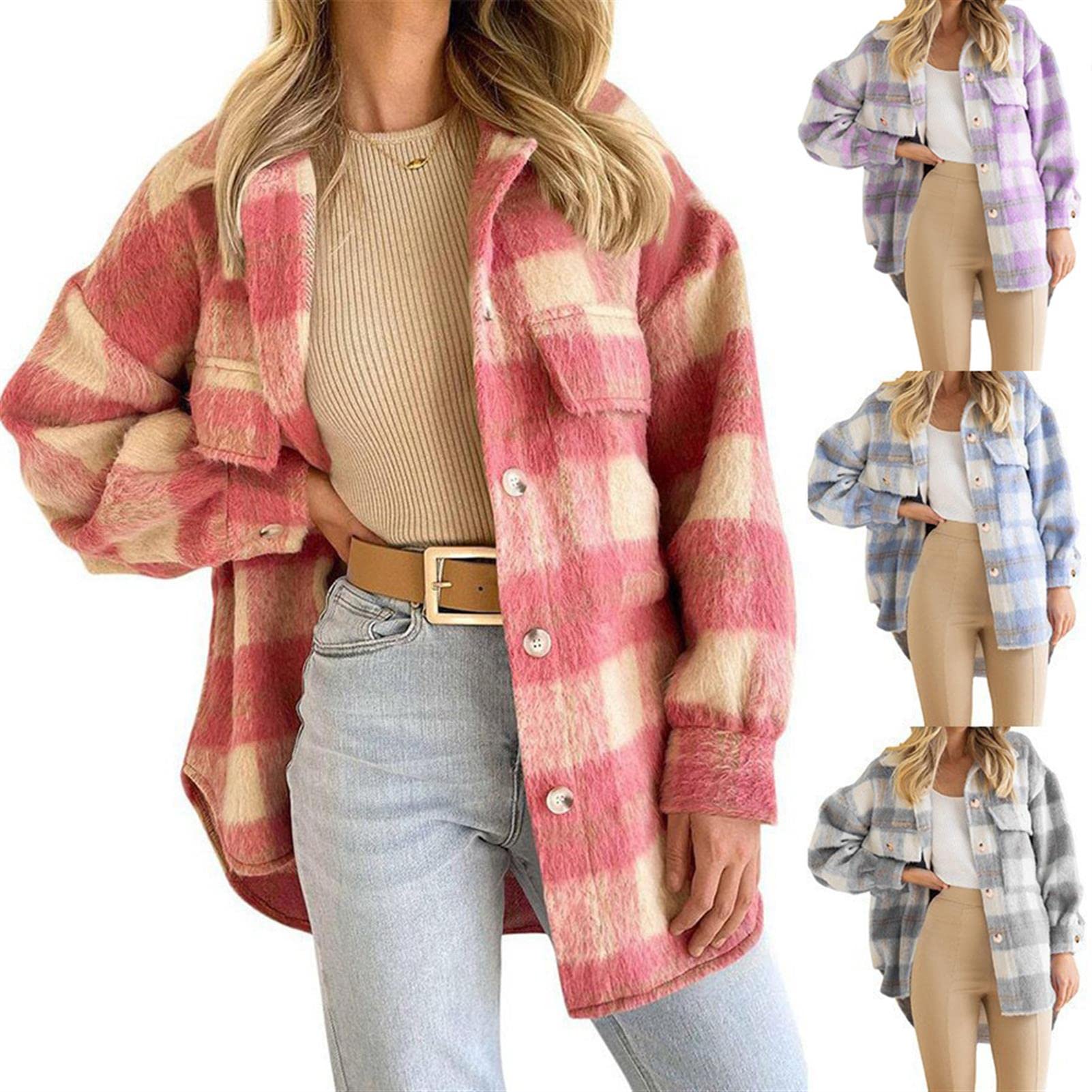 Camisa a Cuadros de Manga Larga para Mujer, Camisa a Cuadros Informal más Gruesa, Blusa con Bolsillos, Prendas de Vestir, Abrigo (Blue L)