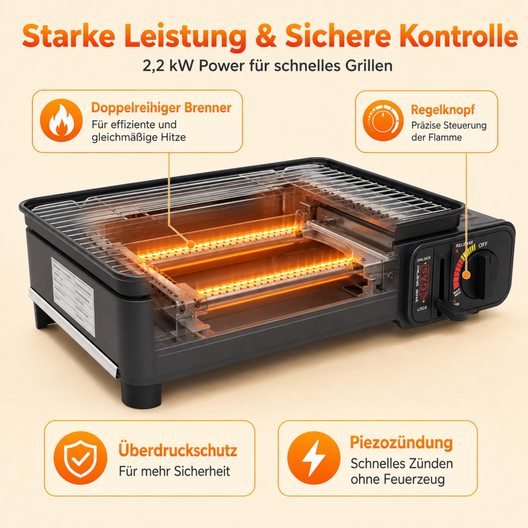 Camping grill gazowy 2,2 kW, przenośny, z 2 rusztami i torbą do przenoszenia, stołowy grill gazowy z zapłonem piezoelektrycznym i tacką na tłuszcz, kuchenka gazowa 2 w 1 na kartusze i butle gazowe
