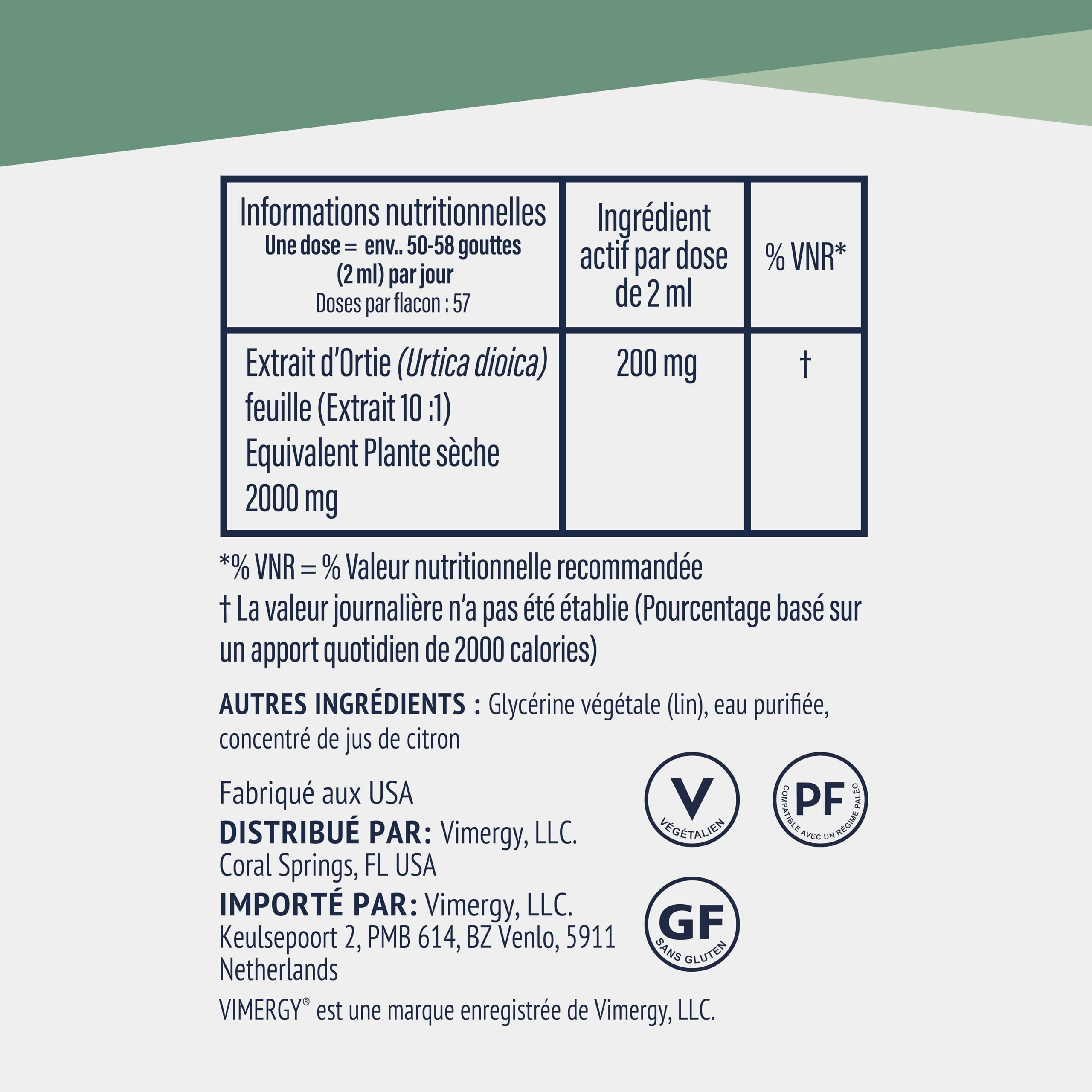 Vimergy Ortie, 57 Portions – Complément à base d'Ortie – Complément d'Ortie Liquide avec de la Glycérine – Complément Végétalien – Formulé sans Sucre ni Liant – Sans OGM et sans Gluten (115 ml)
