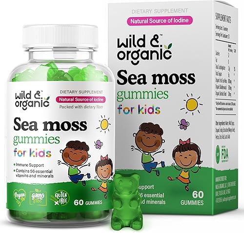 Wild & Organic Gomitas de musgo marino irlandés para niños de 800 mg Apoyo inmunológico con vejiga Masticables veganos de gel de musgo marino para