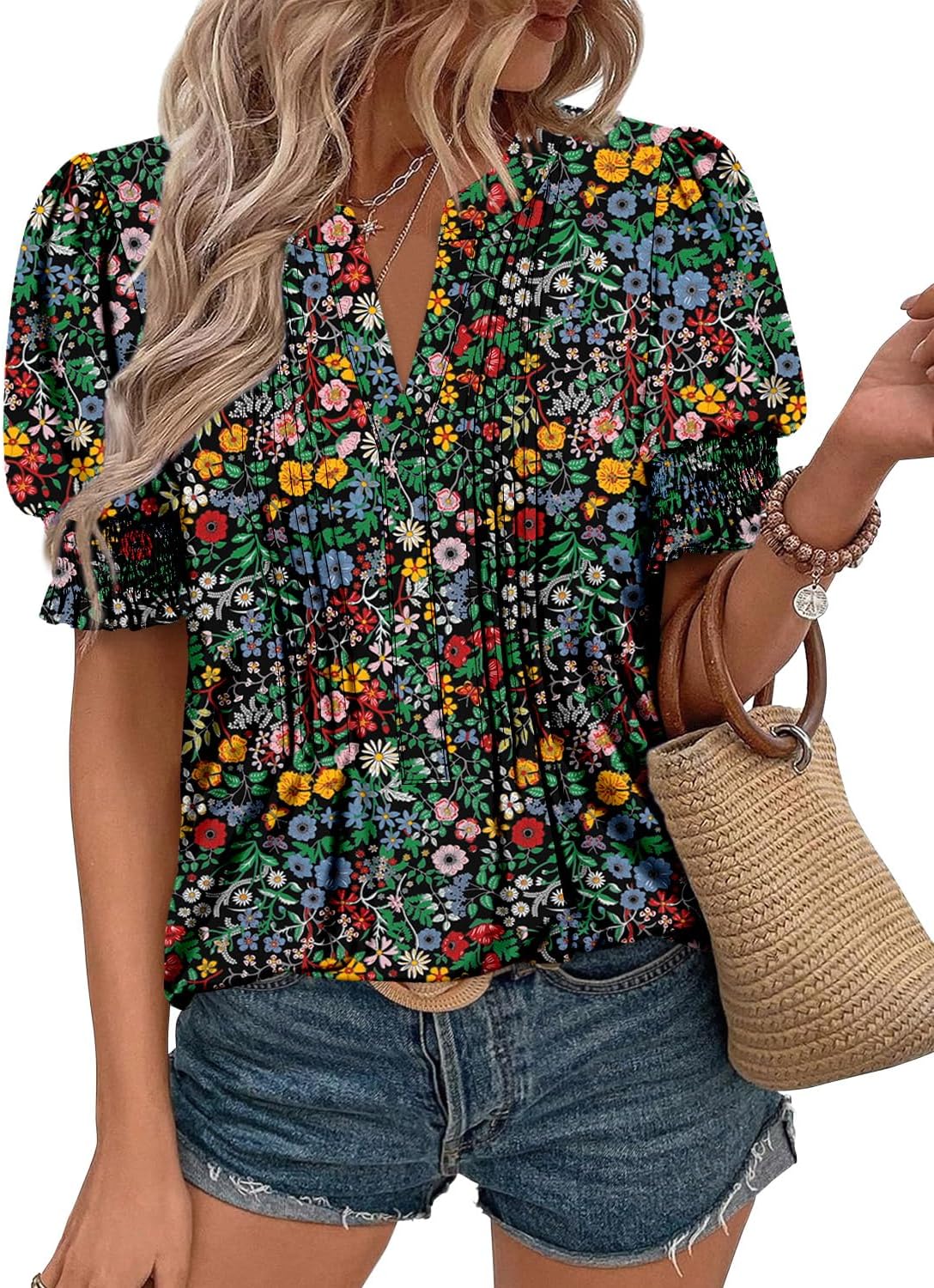 CRAZY GRID Women's Dressy Casual Top Puff Sleeve Summer Shirt Loose Trendy Pleated Blouse - Image 2