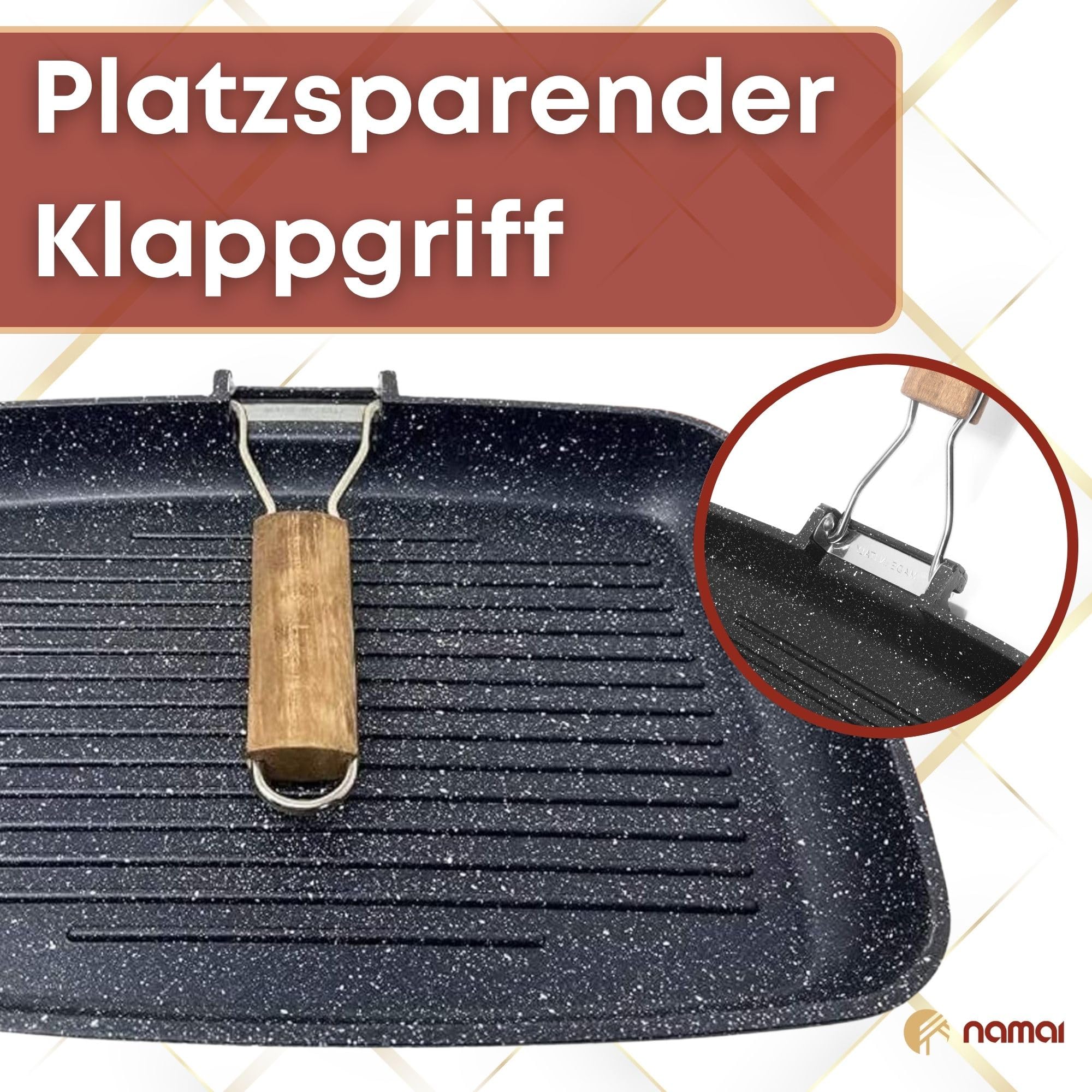 NAMAI - Grill Pan - Non Stick Pan - 36CM x 24CM (no Induktion)- Spülmaschinenfest - Aluminium Druckguss - Grillpfannen für Gasgrill - Pan Grill - Grill Pfannen - Grillpfannen - Made in Italy