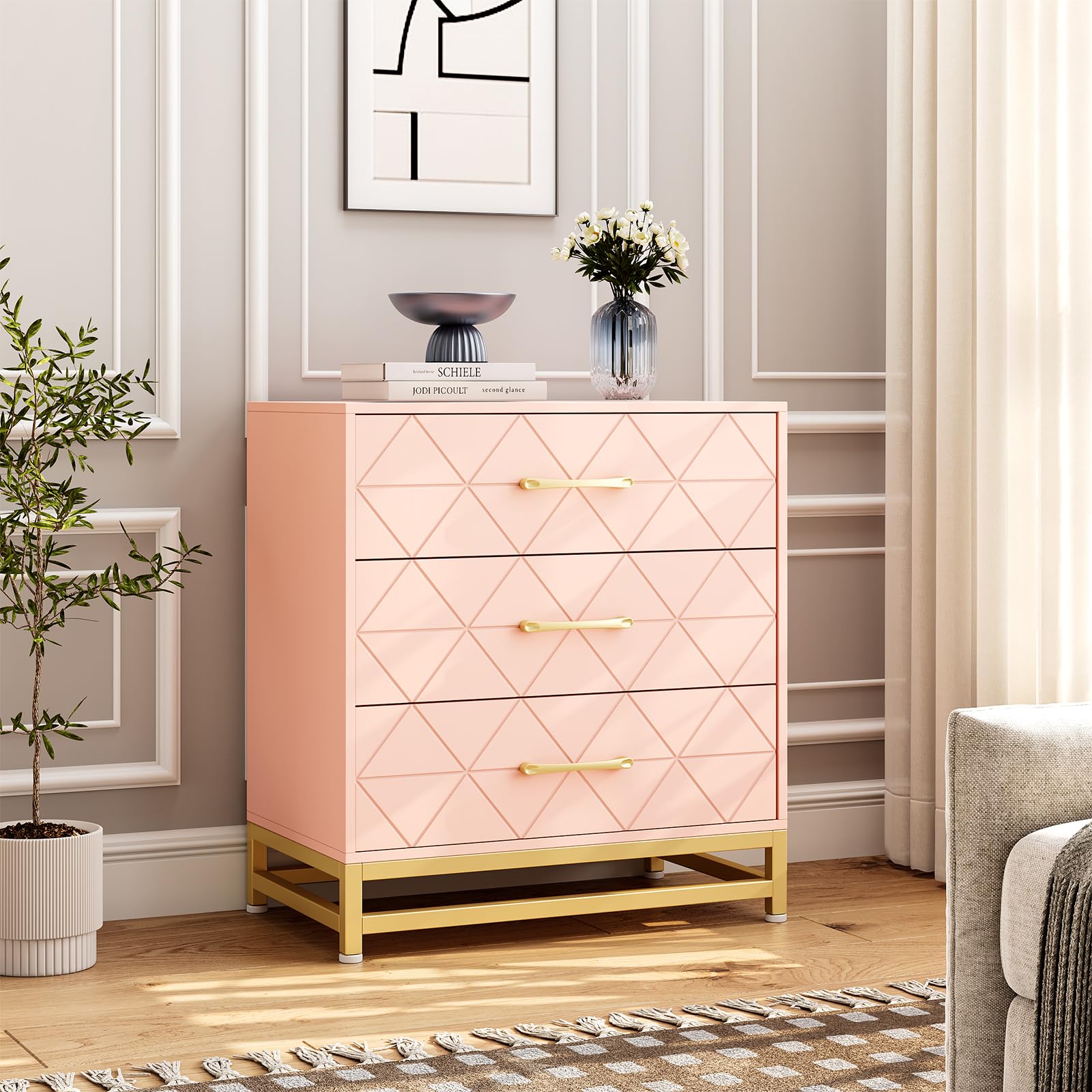Garvee Pink 3-Drawer Dresser for Bedroom & Closet Slim Tall Chest with Soft-Close Glides, Anti-Tip Kit | 28.7" H Space Saving Storage Organizer